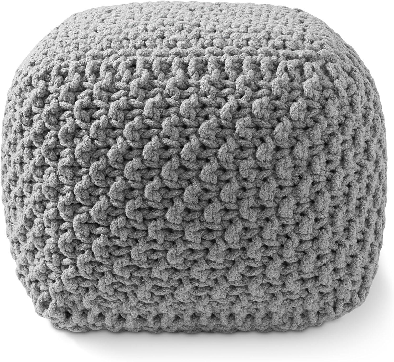Casafield Square Pouf Ottoman, Light Gray - 18.5" W x 18.5" D x 14.5" H Cotton Knit Foot Stool - Boho Floor Pouffe for Living Room