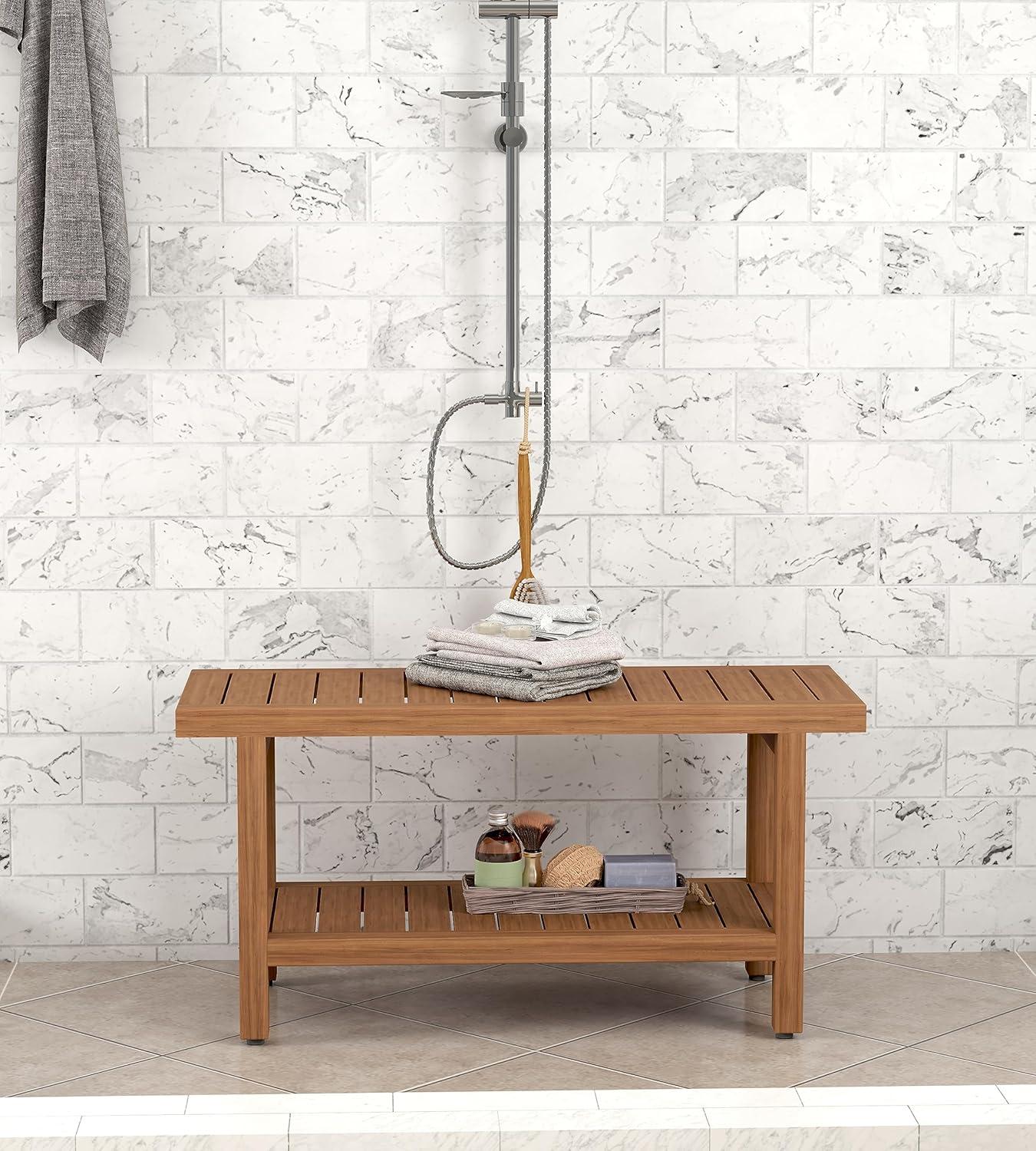 36" Natural Teak Wood Spa Shower Bench with Shelf