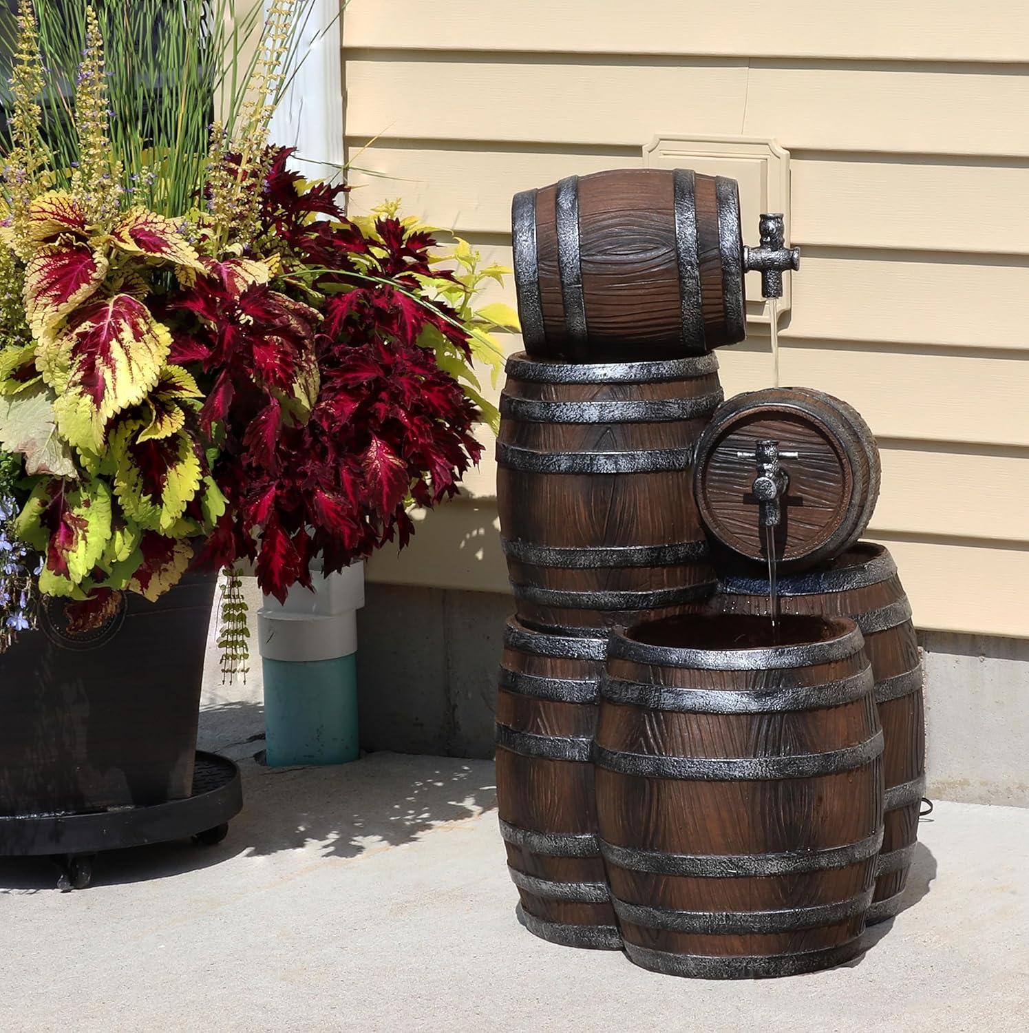 Sunnydaze 29"H Electric Polyresin Stacked Whiskey Barrel Outdoor Water Fountain with LED Lights