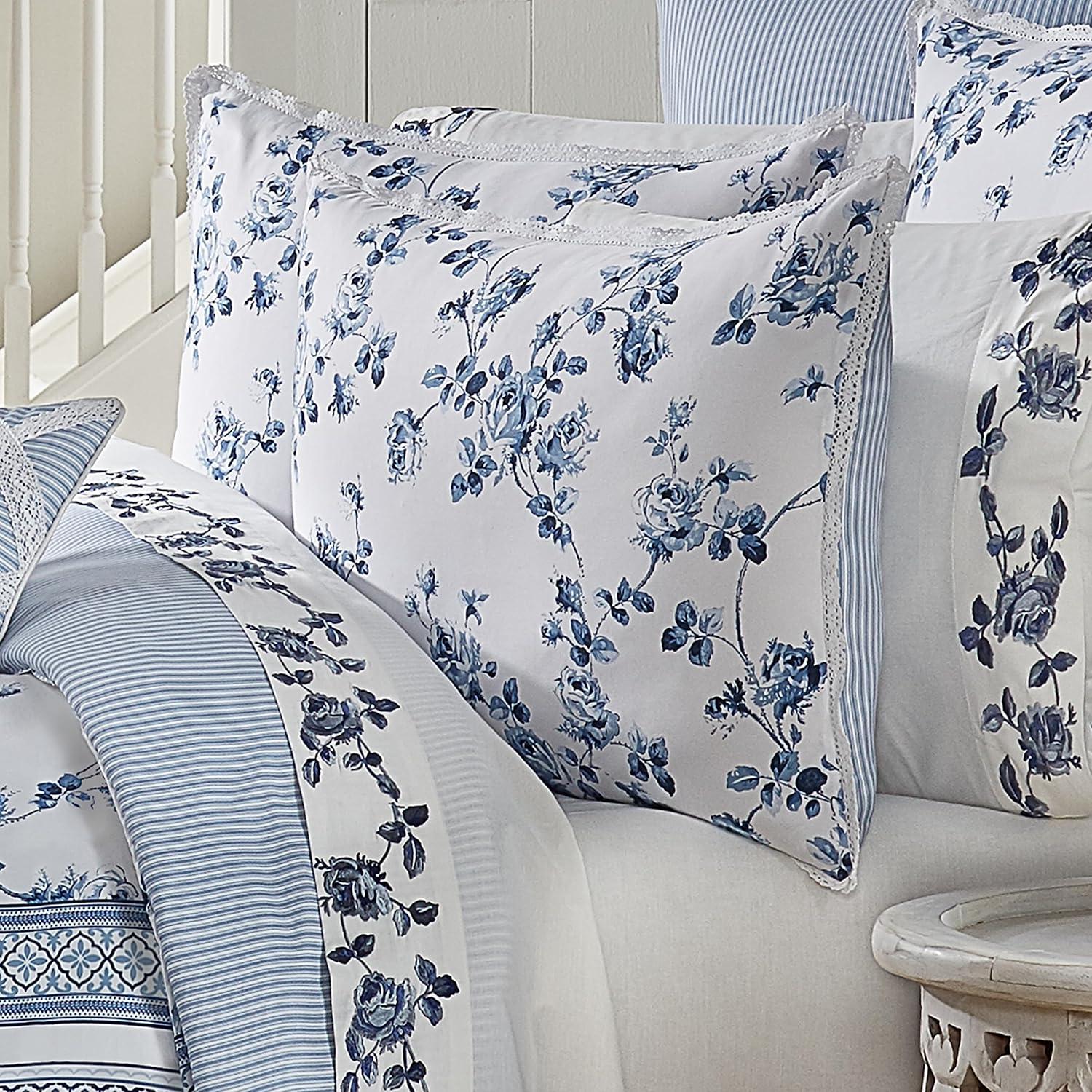 French Blue Floral and Stripe Reversible Full Comforter Set