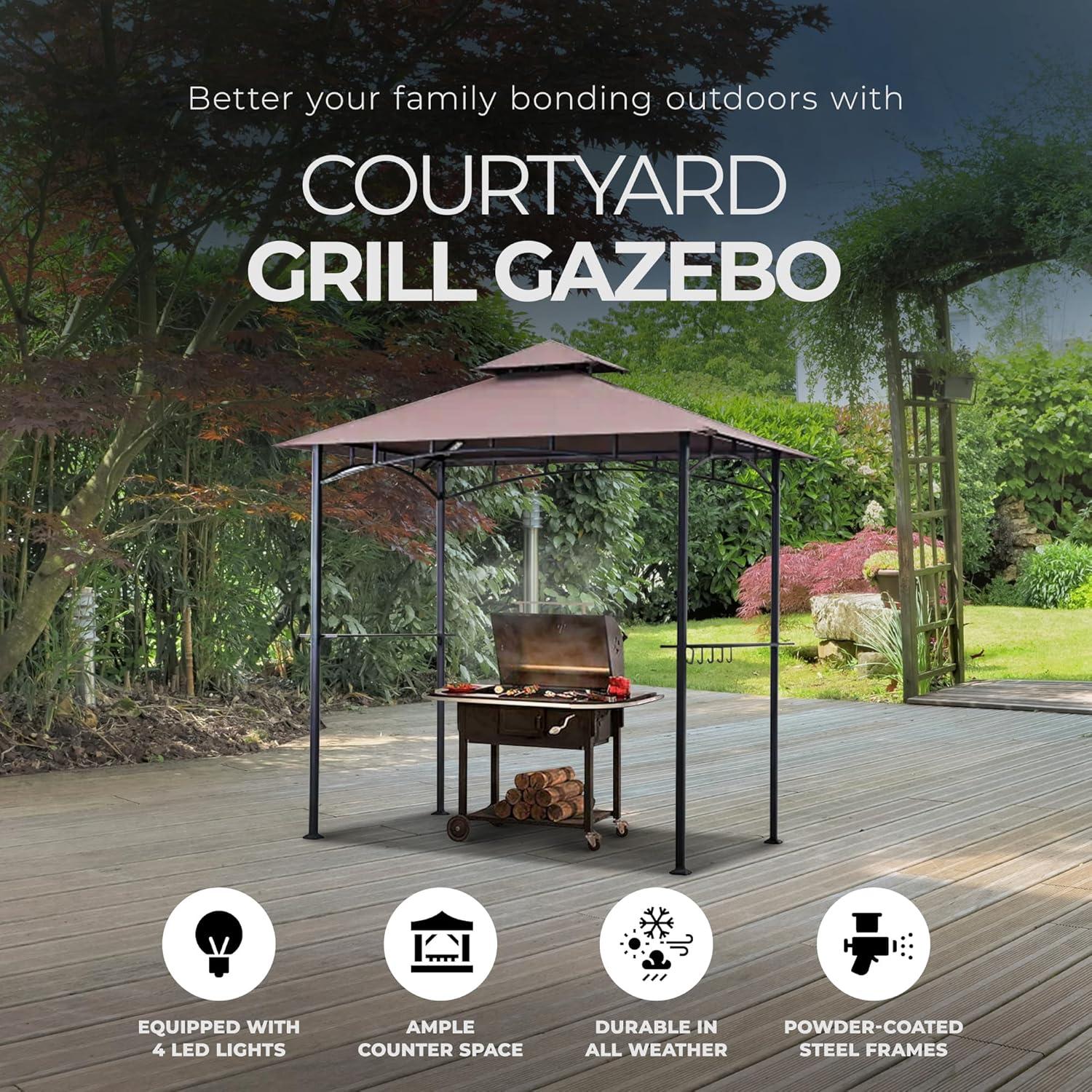 Four Seasons Courtyard Grill Gazebo With LED Lights, 2 Glass Shelves, and Durable Powder Coated Steel Frame for Backyard Lawn and Outdoor Use, Brown