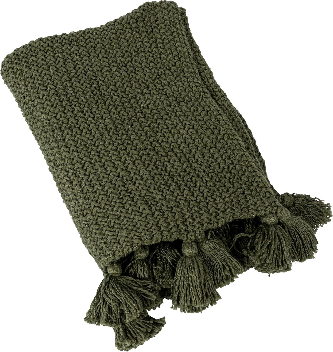 Olive Green Cotton Knit Throw Blanket with Tassels