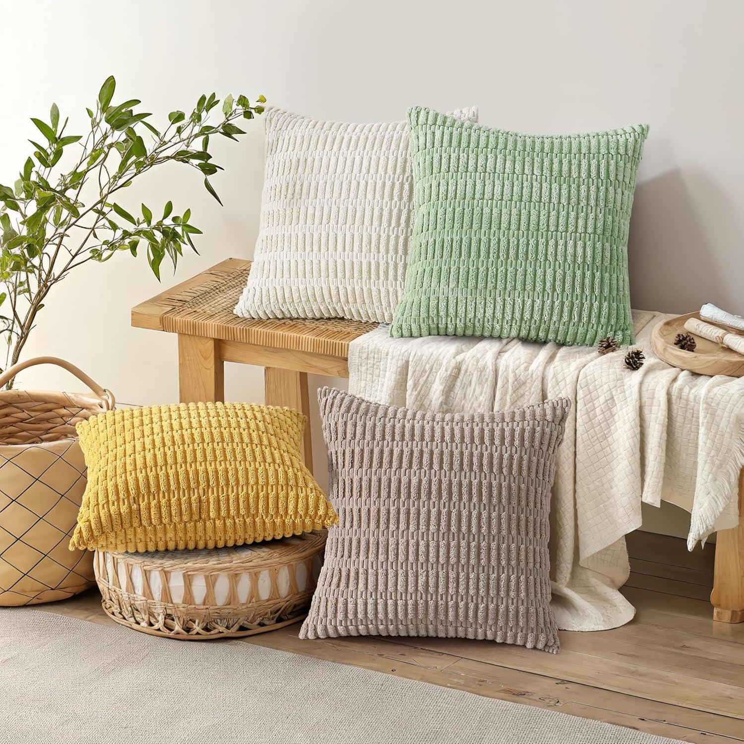 Boho Sage Green Striped Corduroy Pillow Covers - Set of 2 | Farmhouse Rectangle Cushion Cases for Sofa Couch Bed | Soft Decorative Throw Pillowcases - 12x20 Inch Home Decor