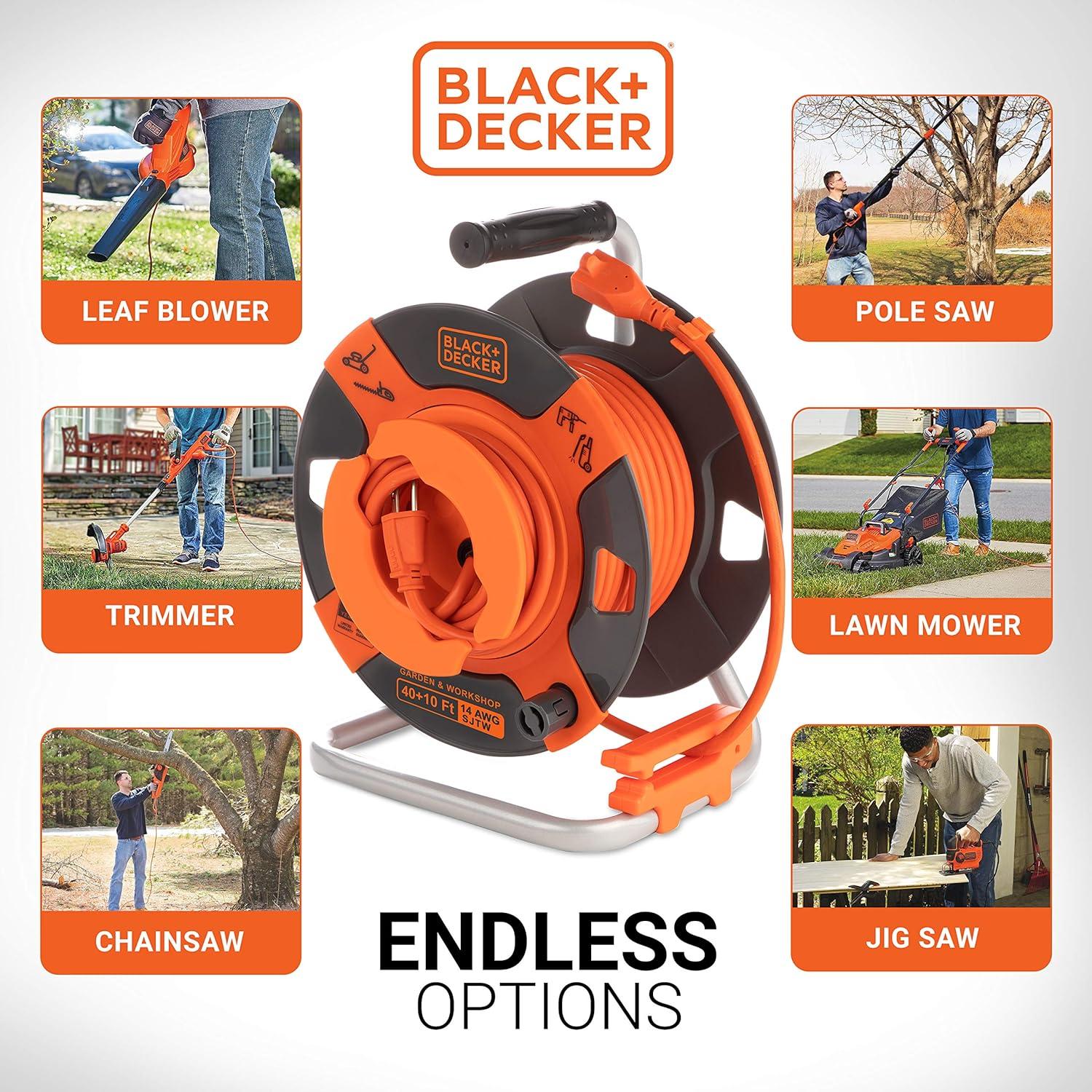 BLACK+DECKER 50' Garden Cord Reel 14AWG 4 Outlets: Outdoor Extension Cord Reel, 13 Amp, 50ft, 3 Conductors, Black