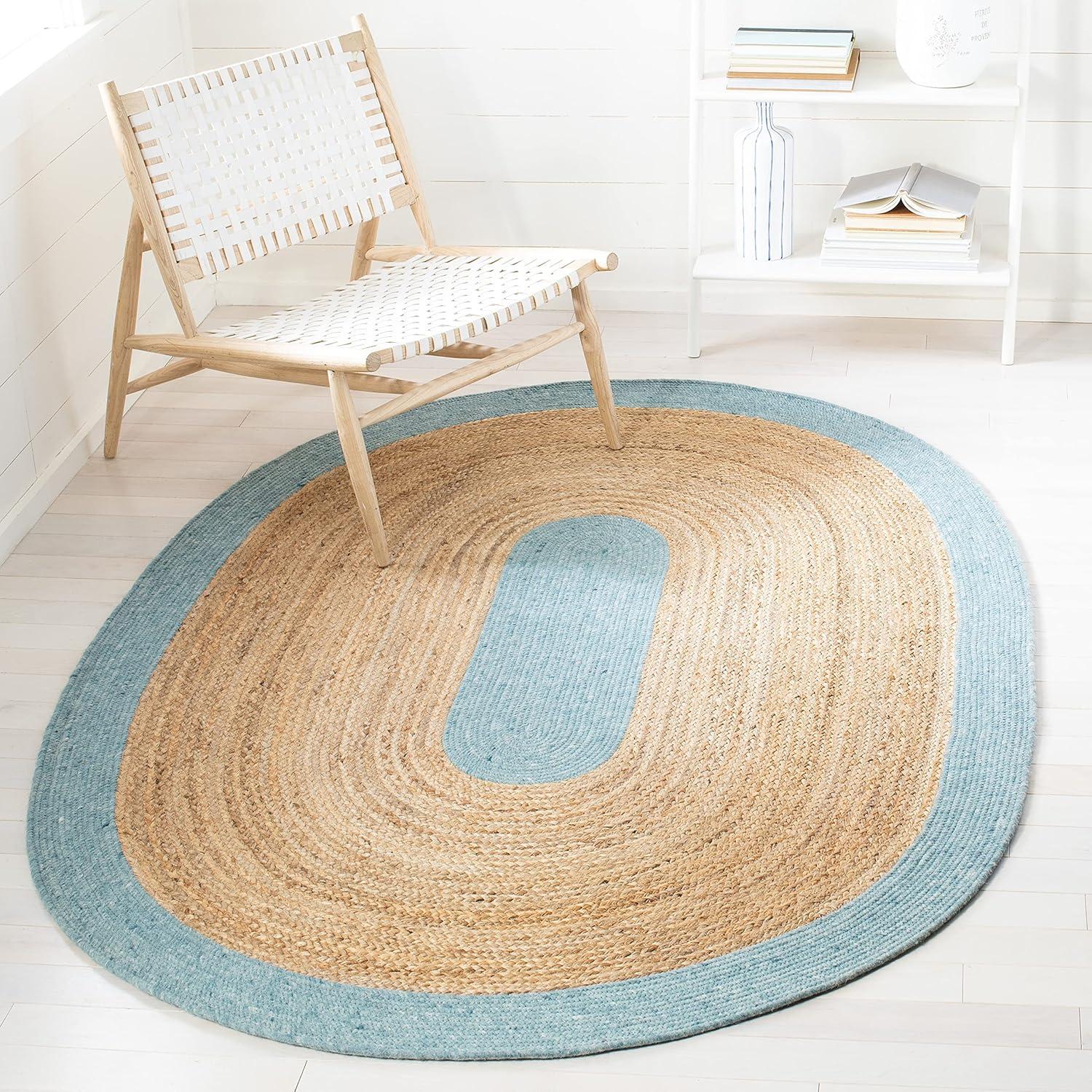 Handmade Blue and Natural Oval Braided Wool Cotton Rug 5' x 7'