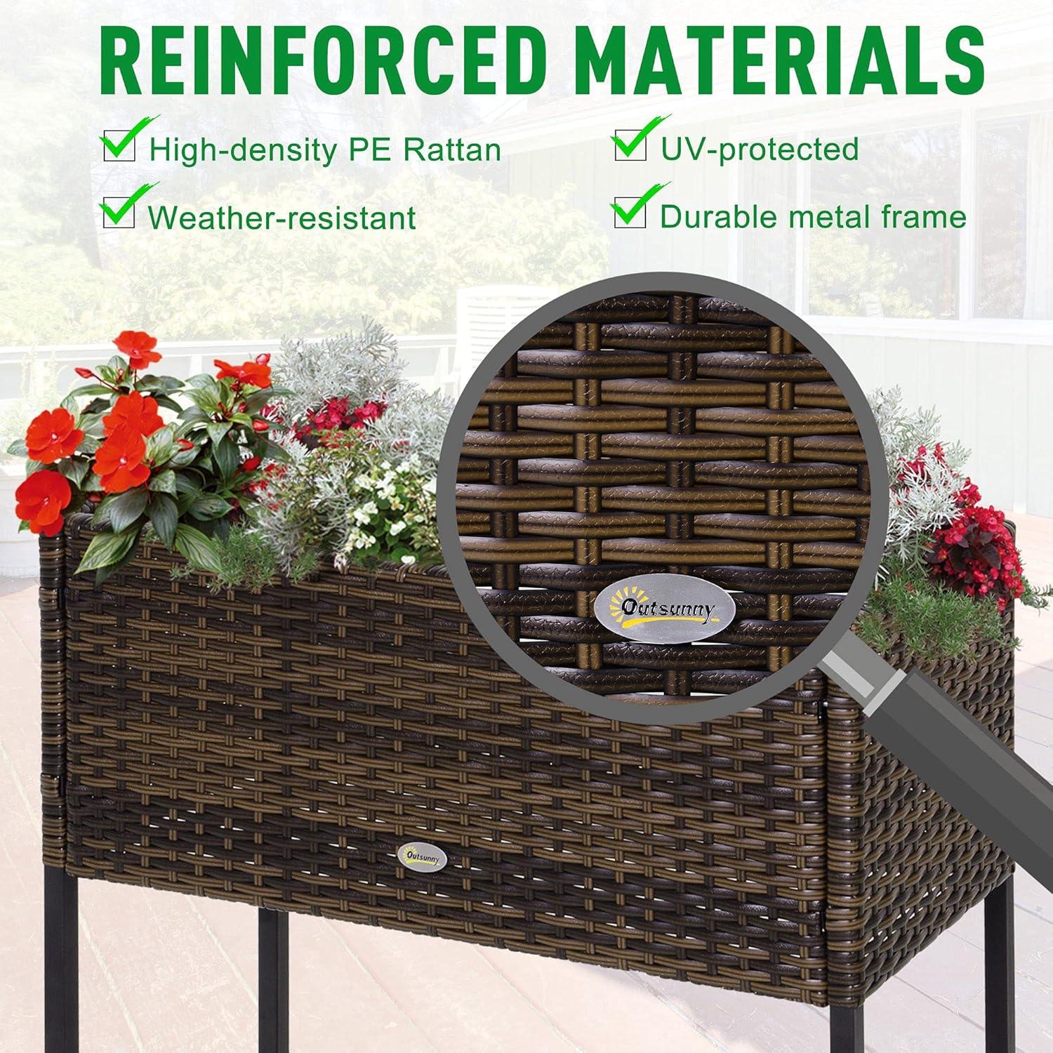 Outsunny Outdoor Flower Stand with legs, Rattan Wicker Look, Tool Storage Shelf, Portable Design for Herbs, Vegetables, Flowers, Brown