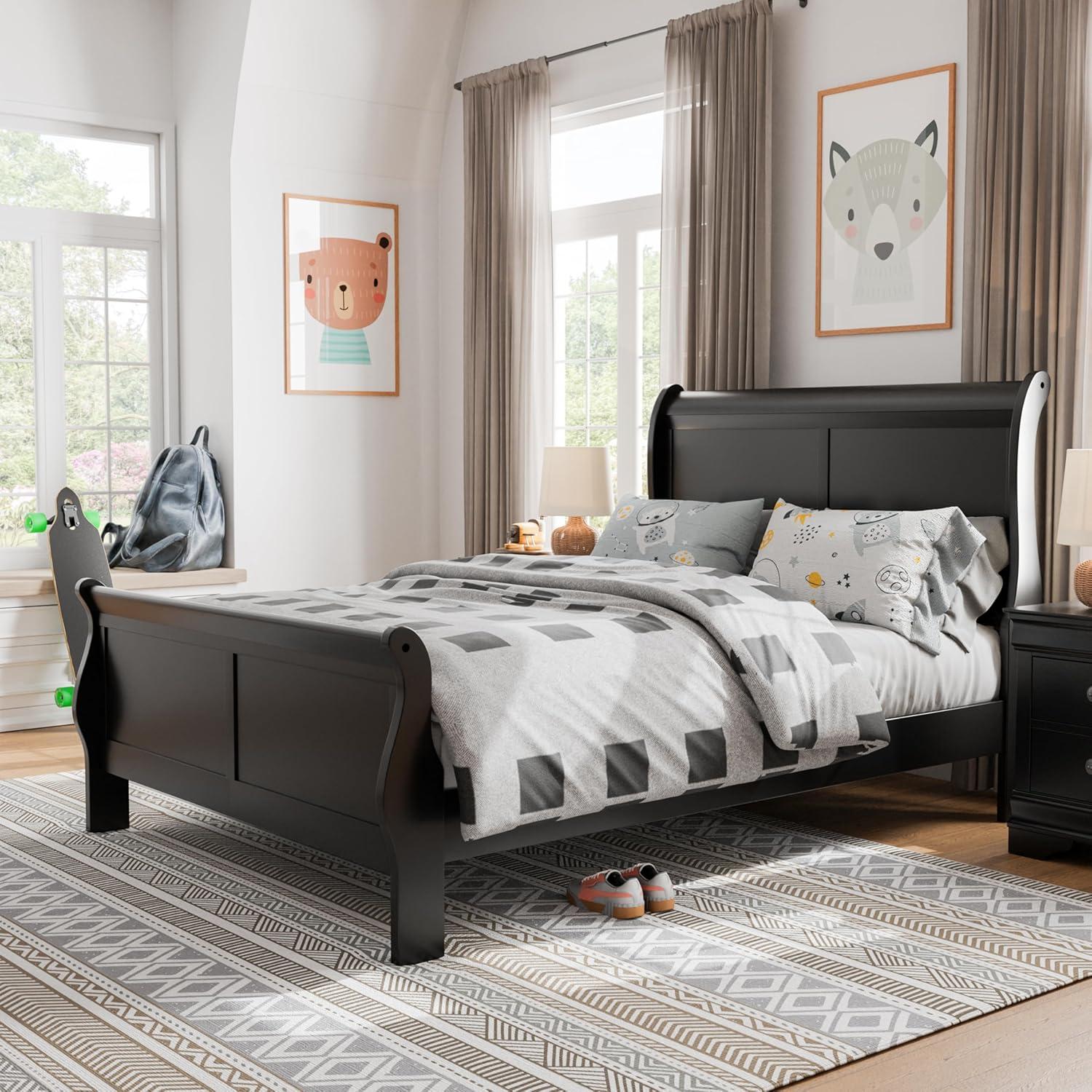 Black Solid Wood Sleigh Full Bed Frame with Headboard