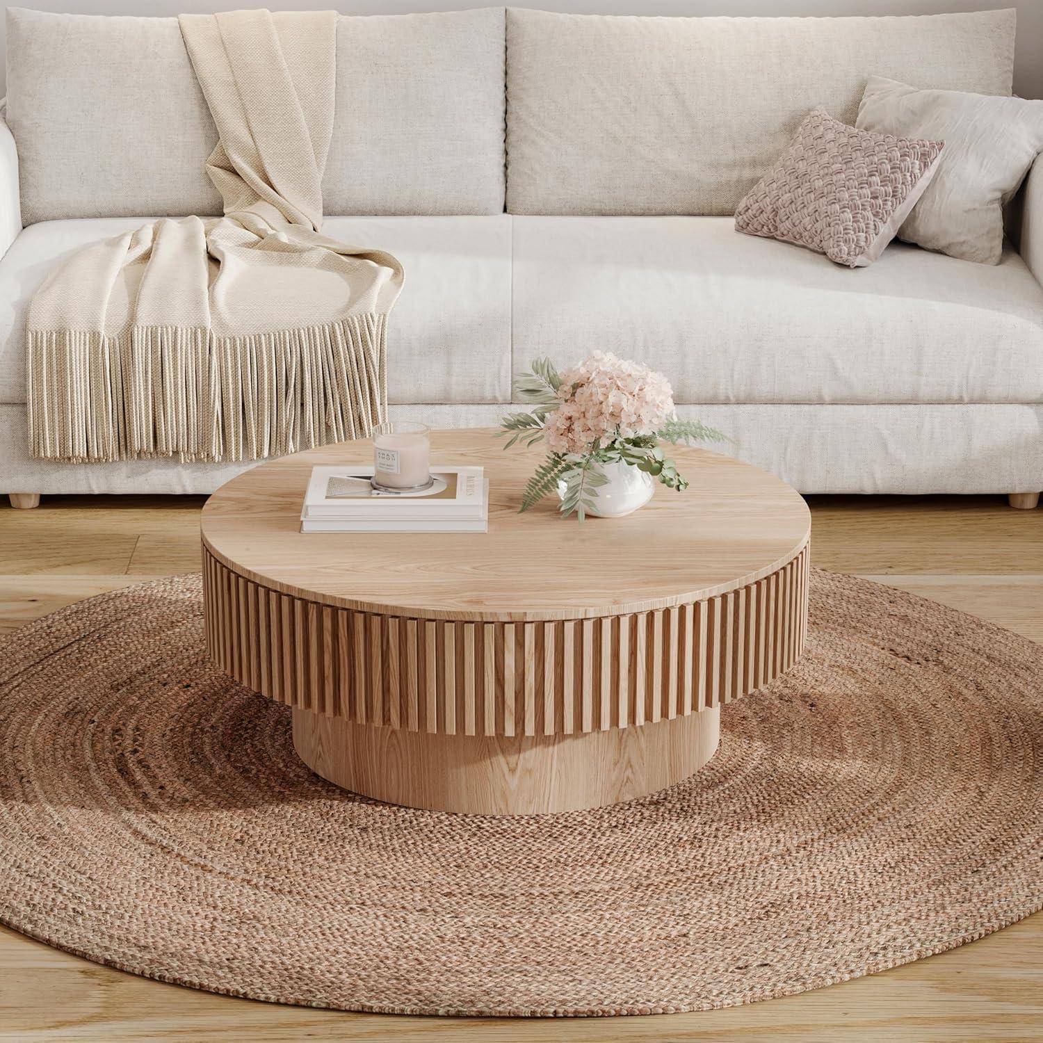 HomVent 31.5'' Round Coffee Table with Storage, Modern Wooden Coffee Table with Solid Wood Veneered, Circle Center Table Accent Tea Table for Living Room, Small Space, Apartment