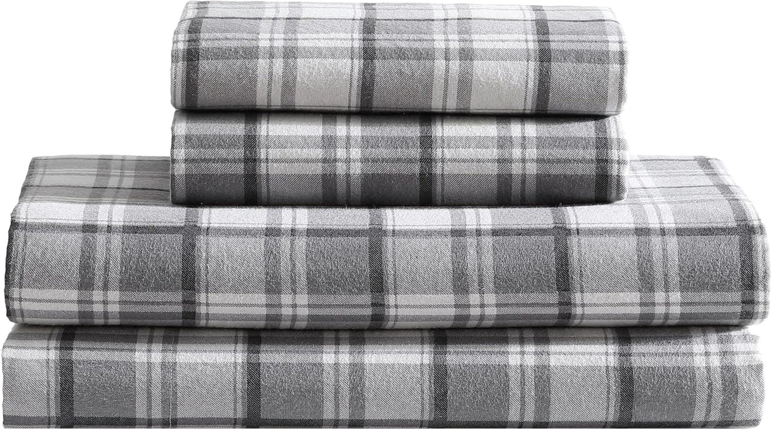 Winter Nights Cotton Flannel Bed Sheet Set, Full, Gray Plaid