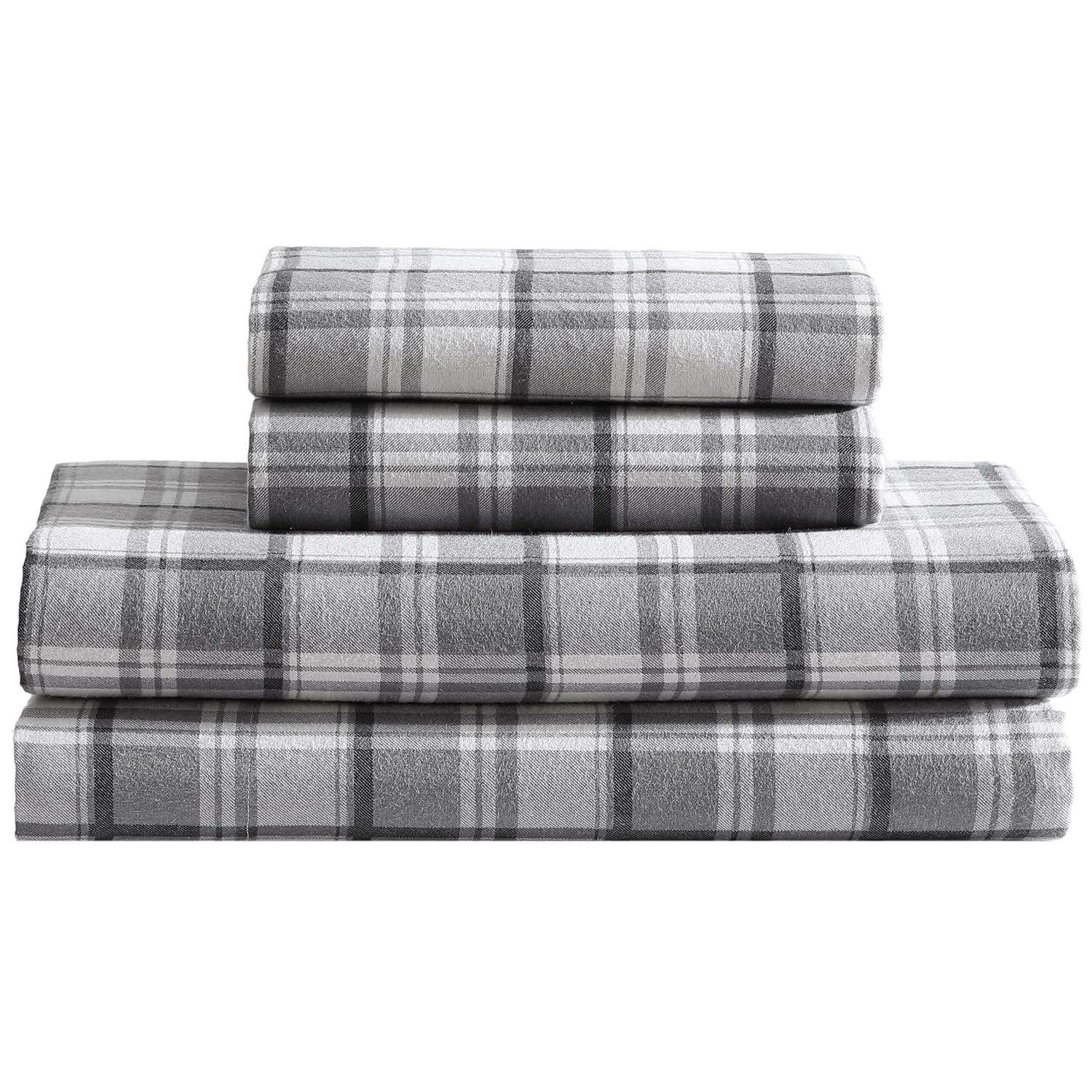 Winter Nights Cotton Flannel Bed Sheet Set, Full, Gray Plaid