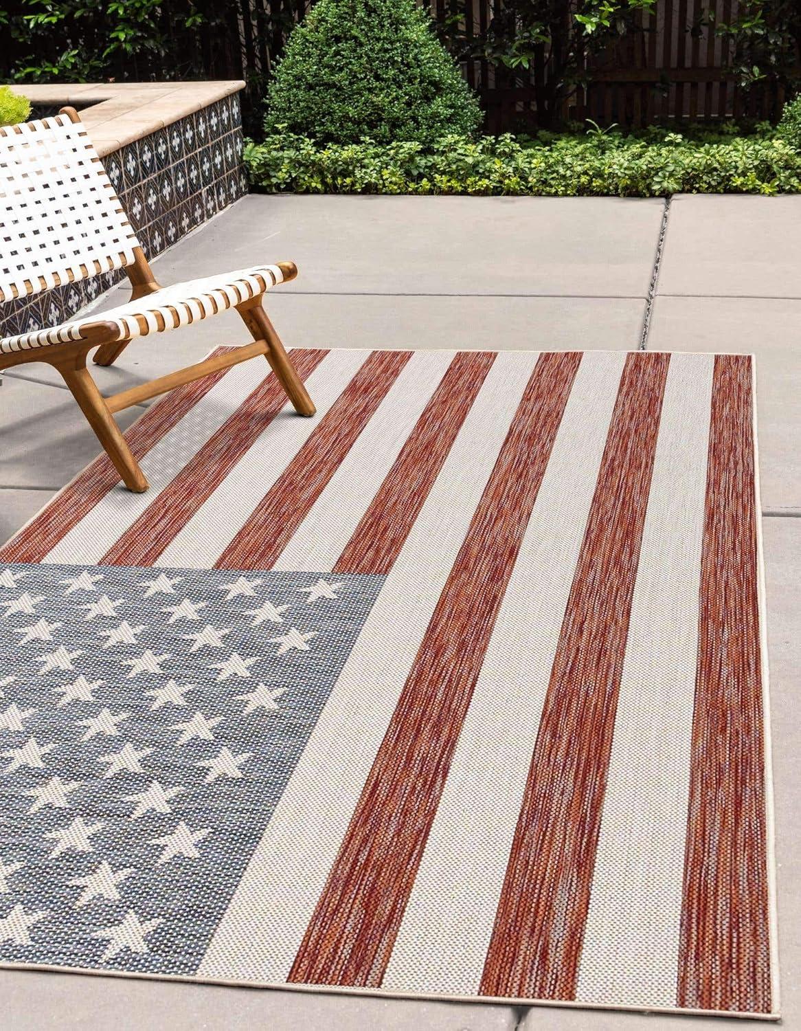 Old Glory Red and Blue Synthetic Outdoor Area Rug 5' x 7'