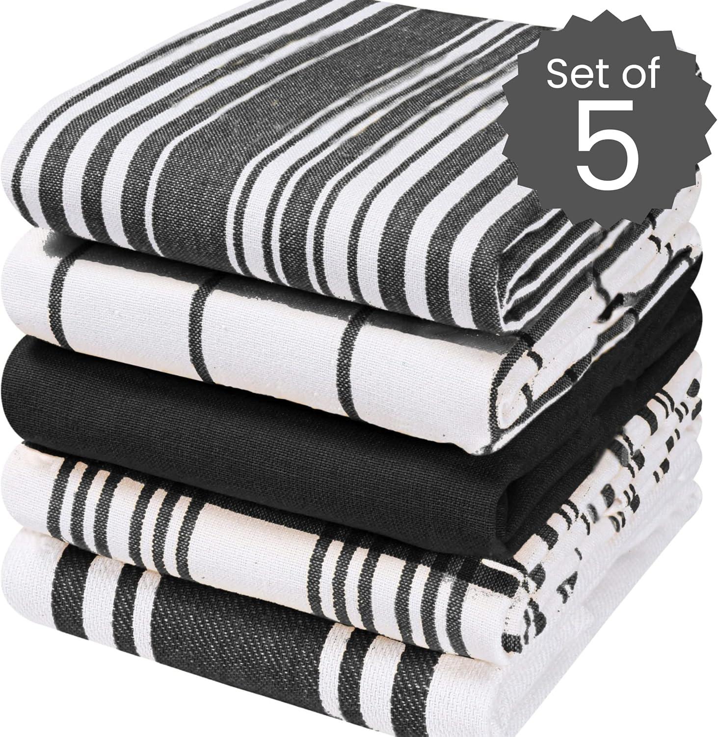 Cotton Clinic Assorted Kitchen Linen 5 Pack Soft Absorbent Quick Drying Table & Kitchen Towels with Hanging Loop 16x28 / Navy White