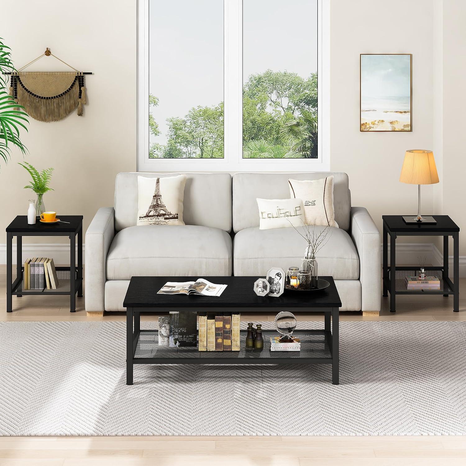 Black Industrial Coffee Table Set with Metal Frame and Mesh Shelf