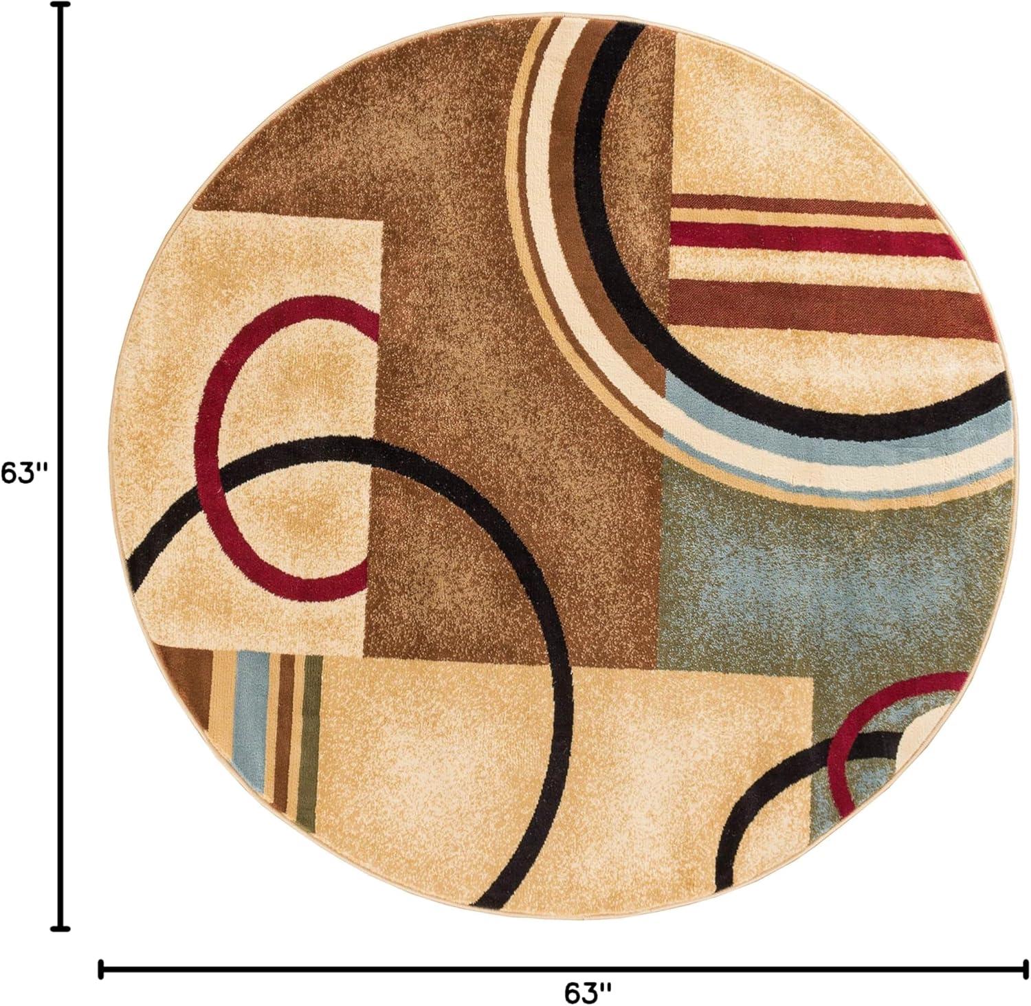 Ivory and Multicolor Round Geometric Area Rug 5'3"