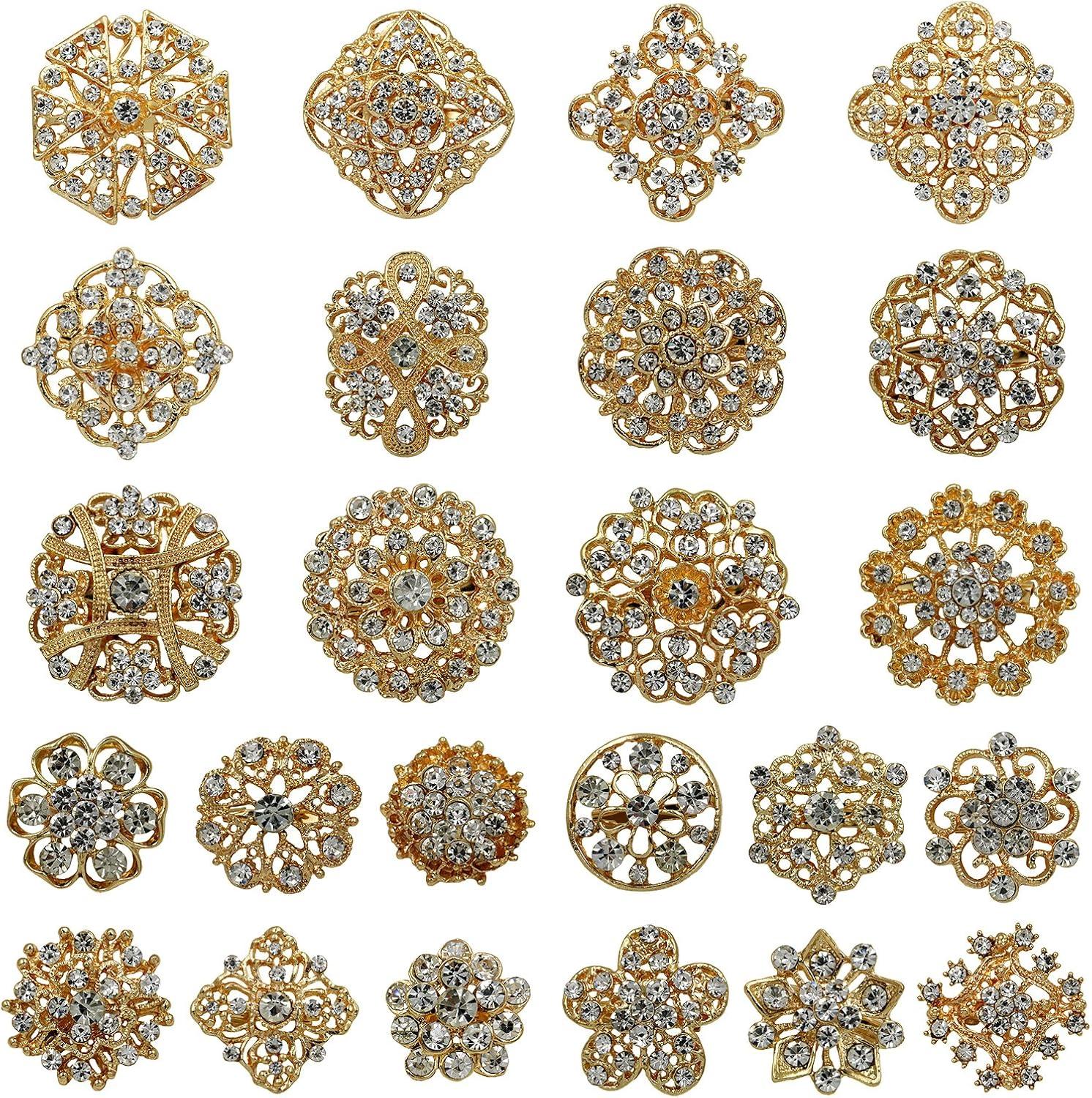 Zhouqiannn Exquisite Alloy Brooches with Rhinestones 24pc Golden Set for Wedding Bouquets and Dresses Birthday Party Event Wristbands Event Dress Party Flag Tropical Party Decorations Party Dress for