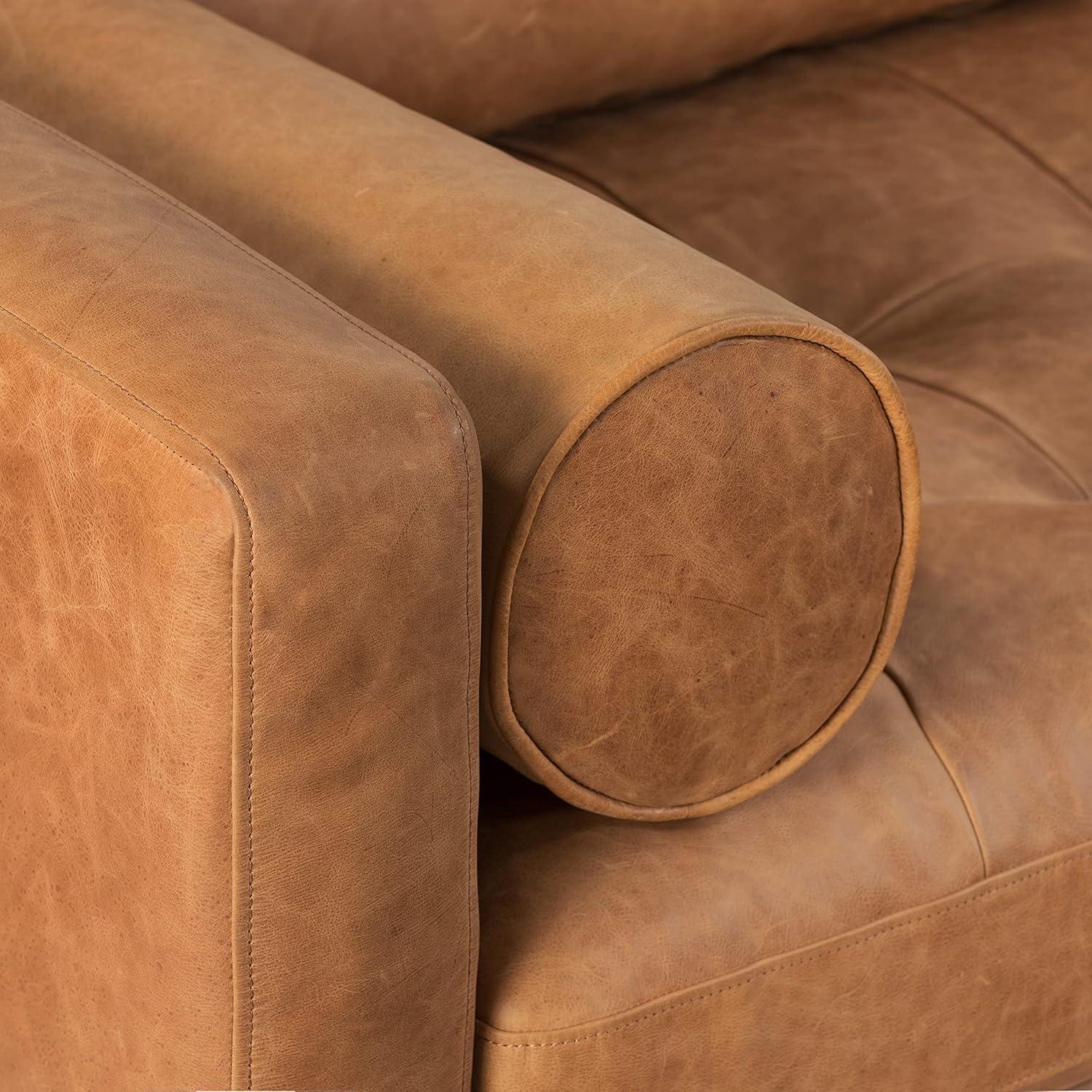 Cognac Tan Leather Tufted Sofa with Solid Wood Legs