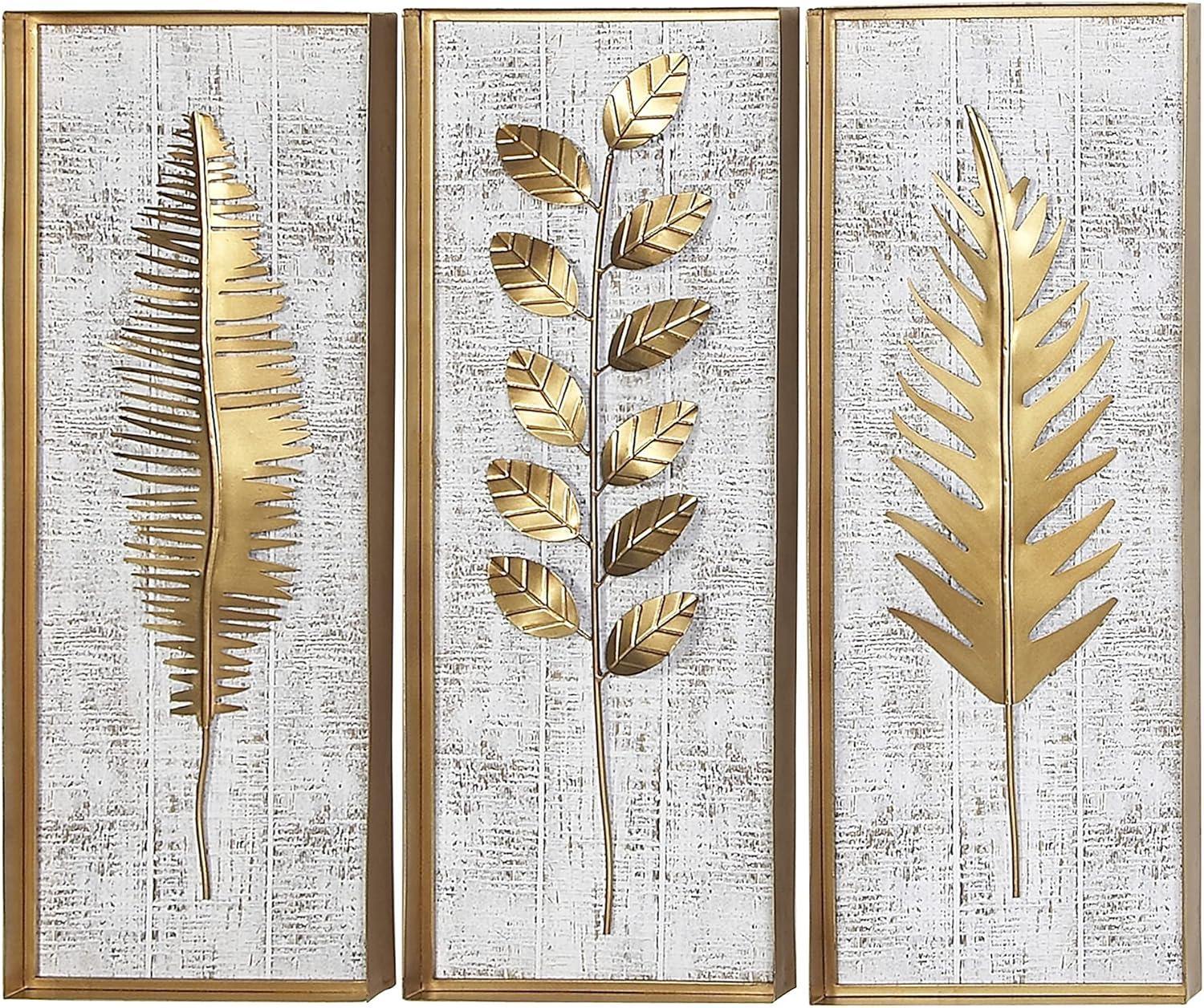 DecMode Gold Metal Framed 3D Leaf Wall Decor with Distressed Wood Backing (3 Count)