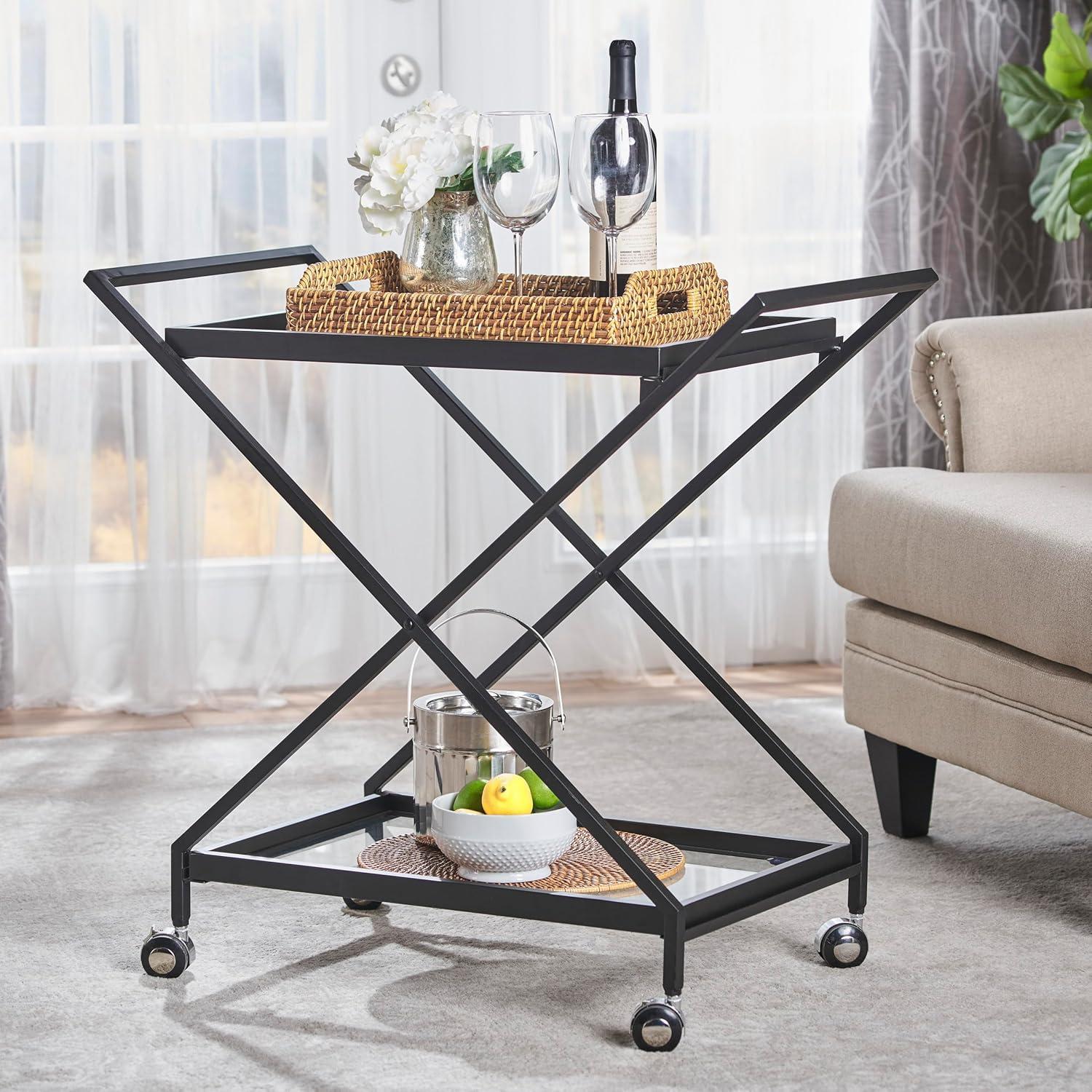 GDF Studio Sheri Indoor/Outdoor Industrial Iron Bar Cart with Tempered Glass Shelves, Black