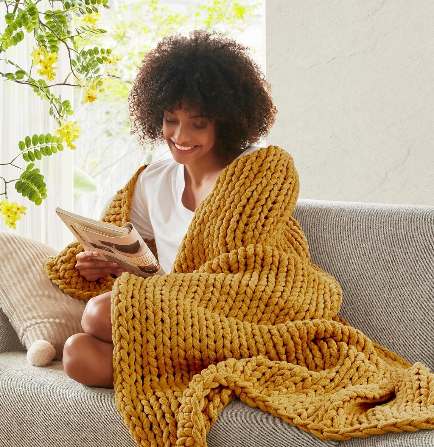 50"x60" Chunky Double Knit Handmade Throw Blanket Yellow - Madison Park: Cozy, Durable, All-Season