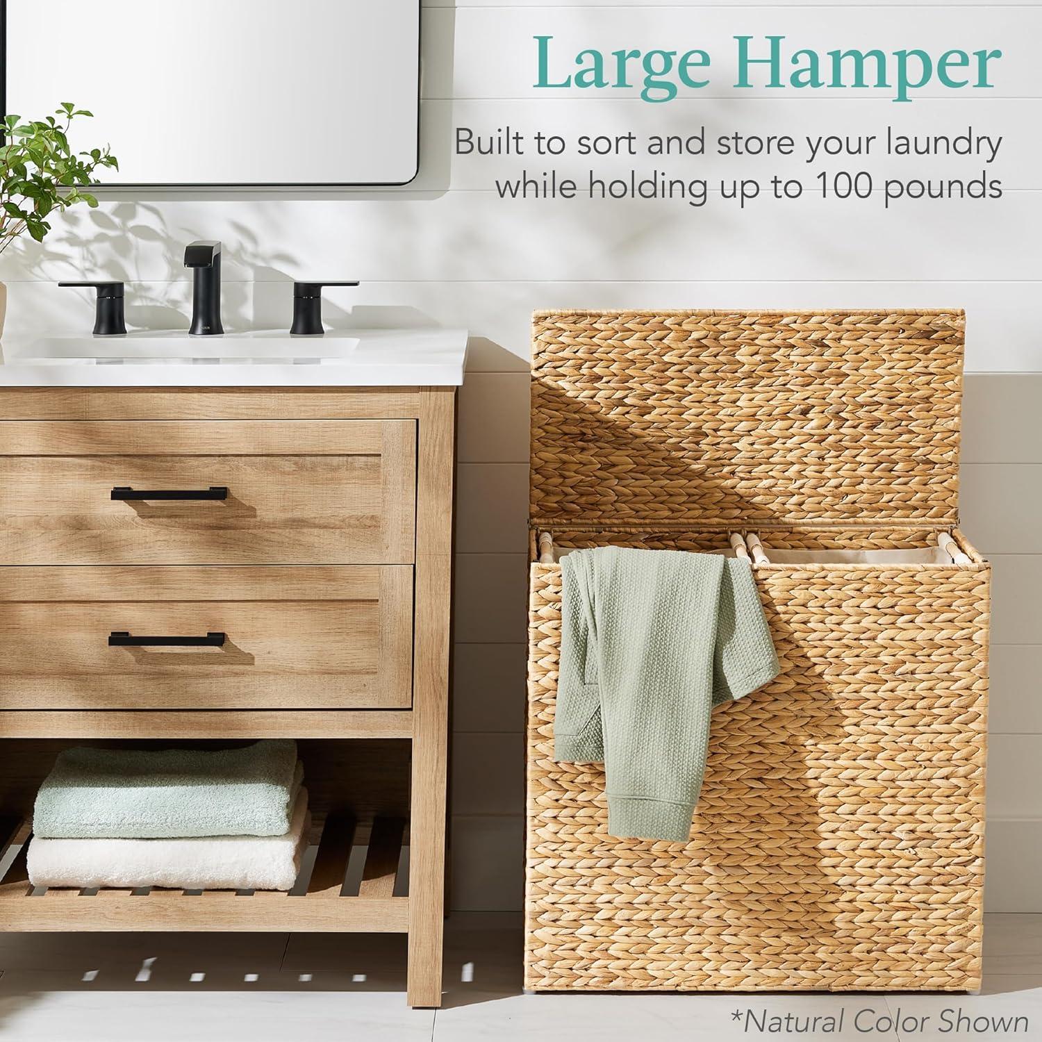 Best Choice Products Large Natural Water Hyacinth Double Laundry Hamper Basket w/ 2 Liner Bags, Handles - Espresso