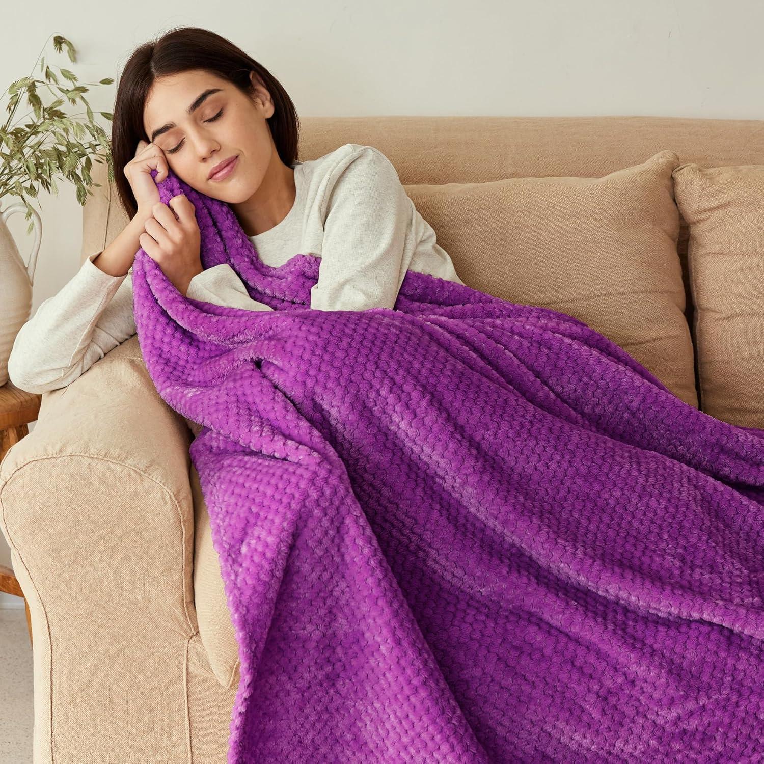 Exclusivo Mezcla Waffle Textured Extra Large Fleece Blanket, Super Soft and Warm Throw Blanket for Couch, Sofa and Bed (Purple, 50"x70")-Cozy, Fuzzy and Lightweight