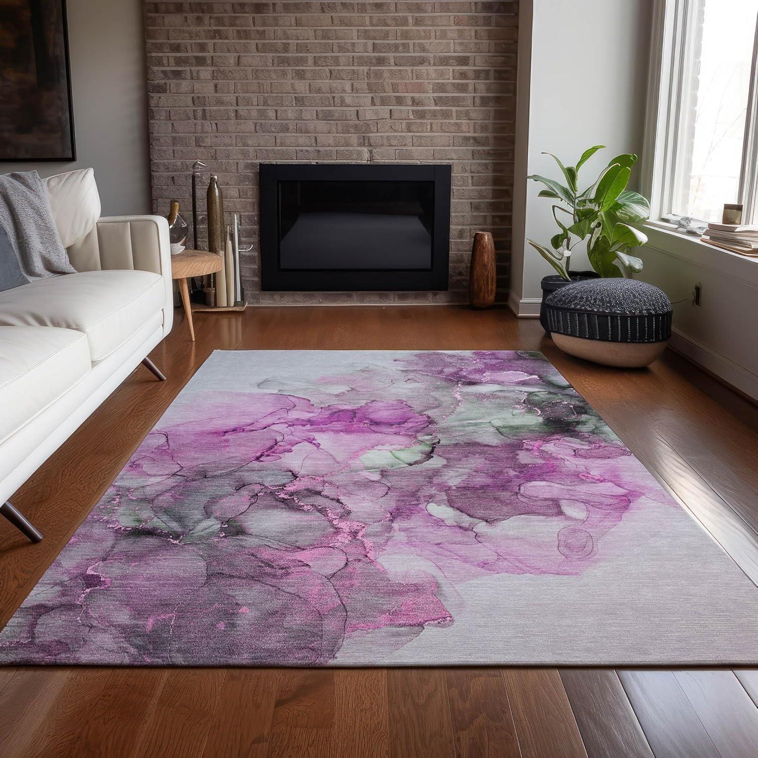 Pink Watercolor Pattern Machine Washable Synthetic Rug