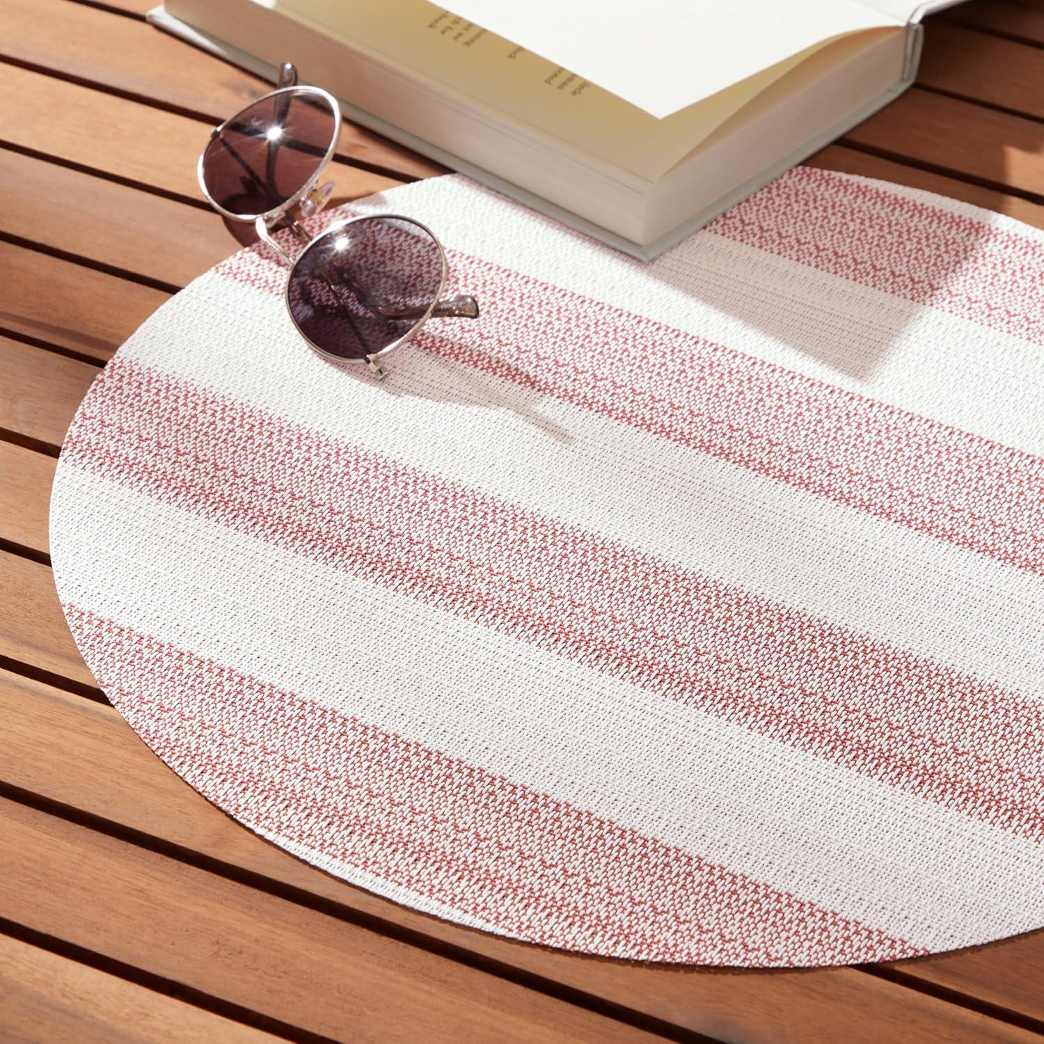 TOWN & COUNTRY BASICS Cabana Stripe Indoor Outdoor Placemats 4-Pack Set, Reversible and Easy Clean, Red/White, 15" Round