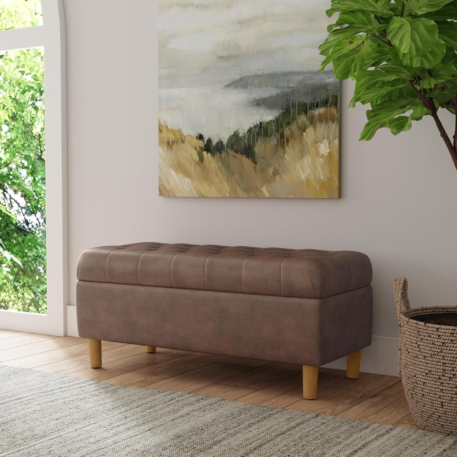 Button Tufted Storage Bench with Cone Wood Legs Faux Leather Brown - HomePop: Hinged Lid, Easy Access