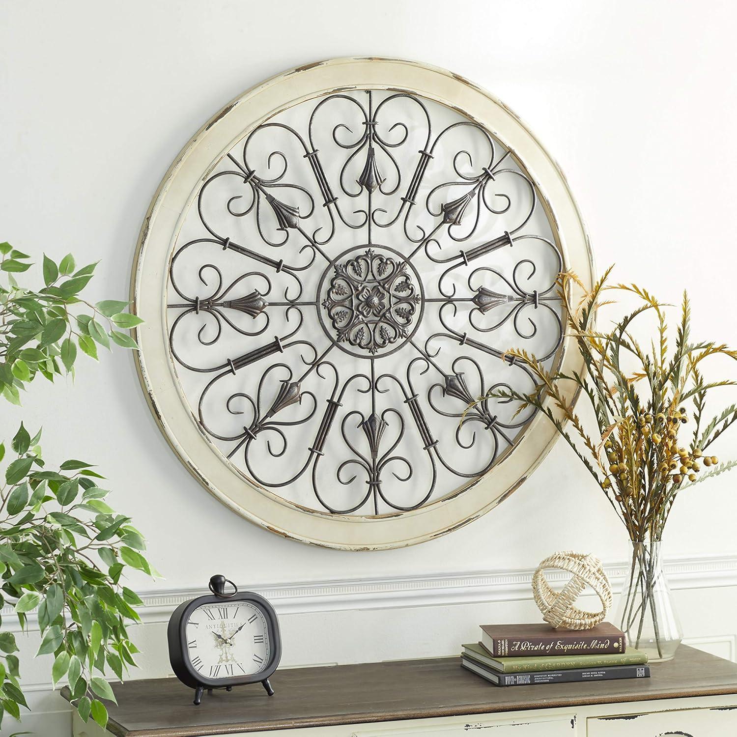 DecMode Brown Wood Arabesque Scroll Wall Decor with Metal Fleur De Lis Relief