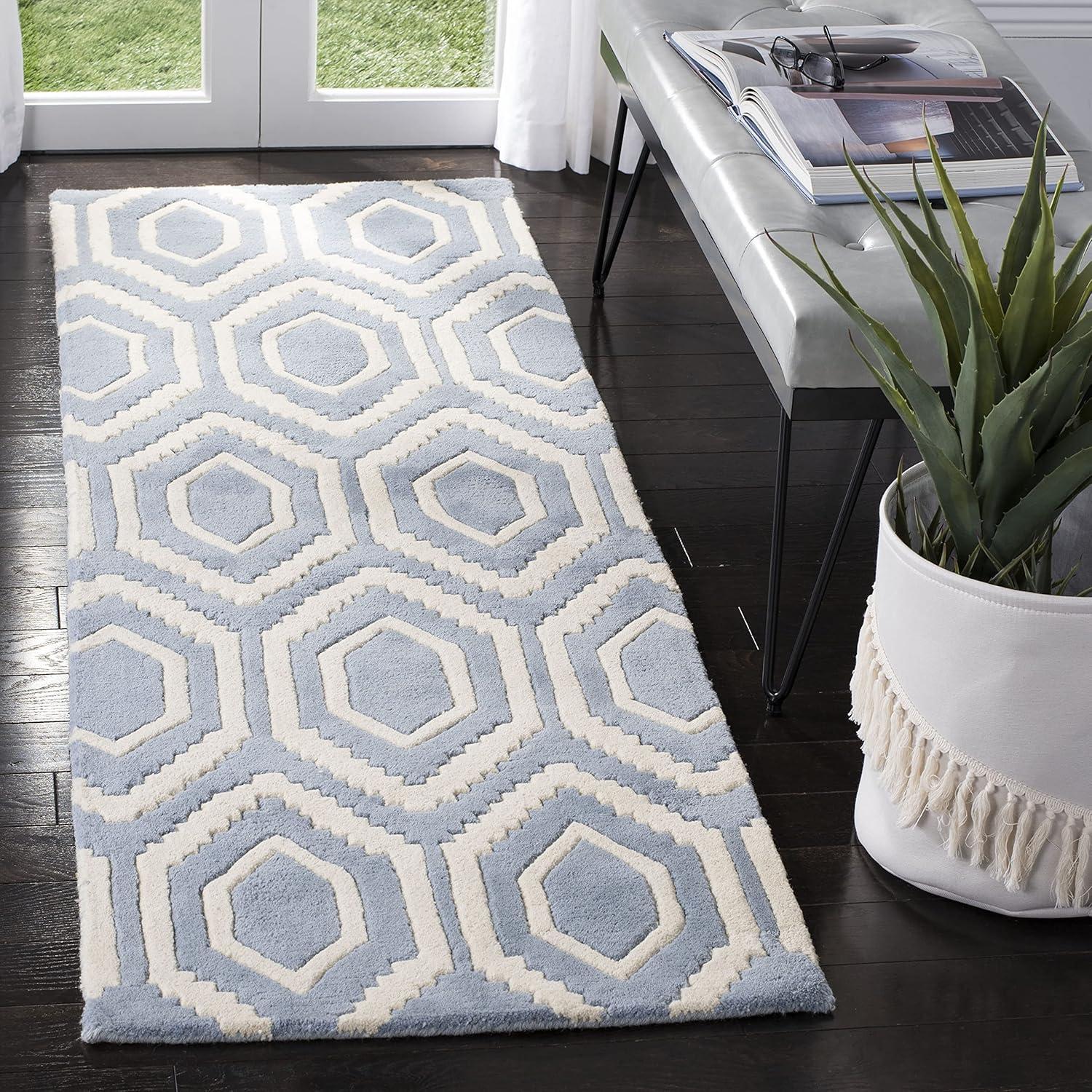 SAFAVIEH Chatham Graham Geometric Wool Runner Rug, Blue/Ivory, 2'3" x 11'