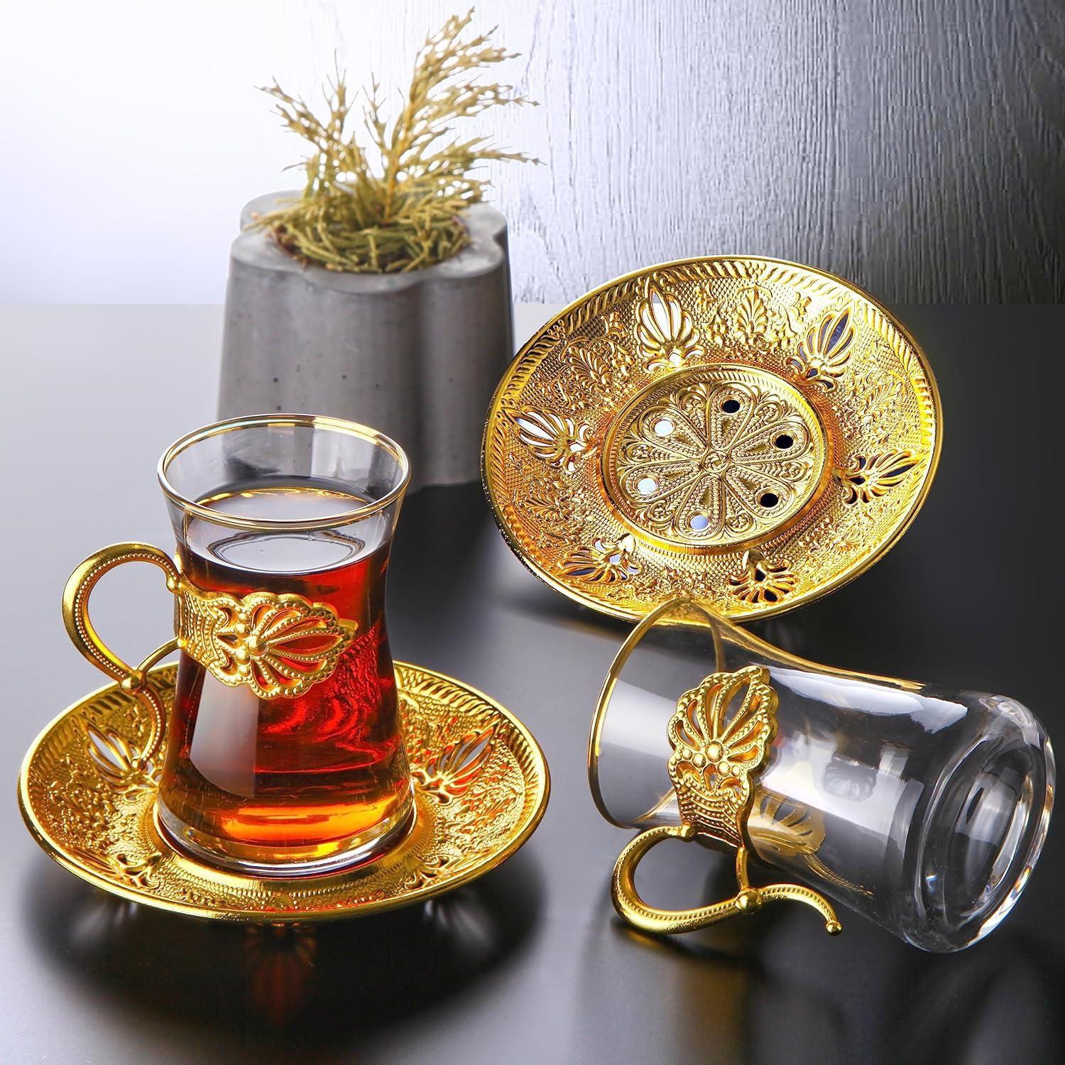 Sefa Turkish Tea Glass Set of 6 | Turkish Tea Glasses with Holders | Turkish Tea Glasses with Saucers | Turkish Tea Cups, Gold, 5 oz