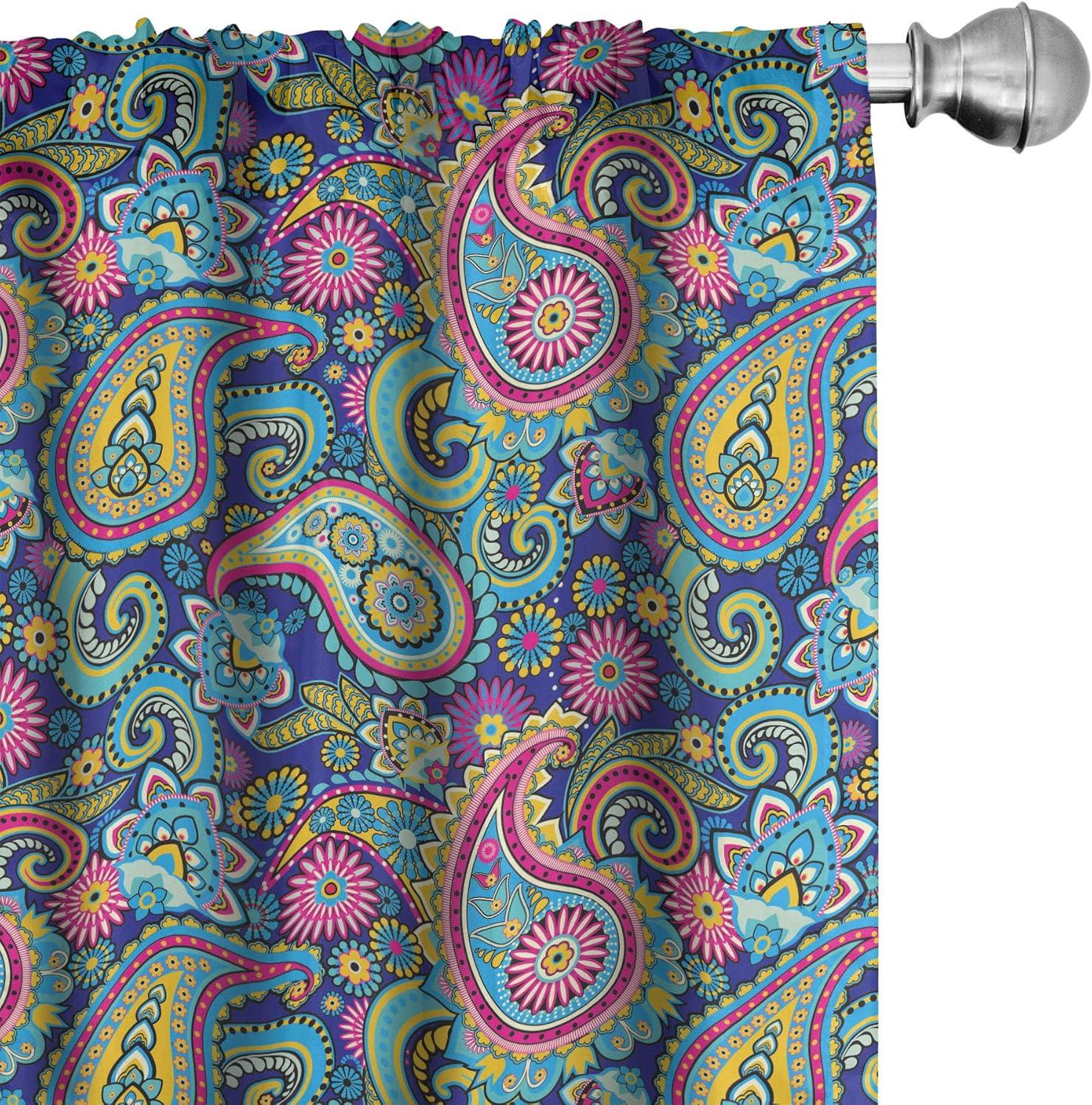 Paisley Blue and Pink Polyester Rod Pocket Curtain Panels, 28" x 63"