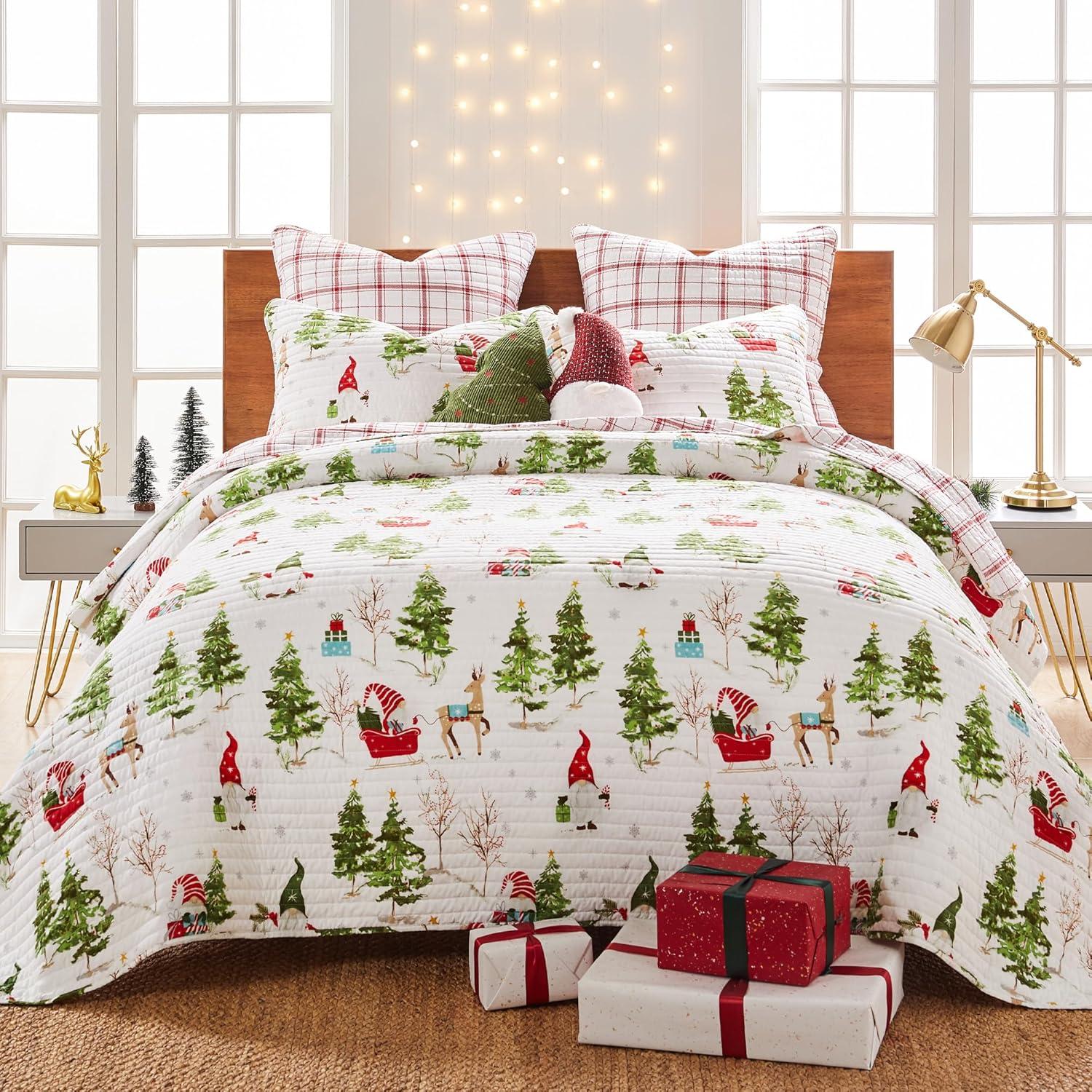 Levtex Home Merry & Bright Collection - Gnome Forest Quilt - Euro Sham - Plaid - Red and White - Quilt (26x26in.) - Reversible - Polyester