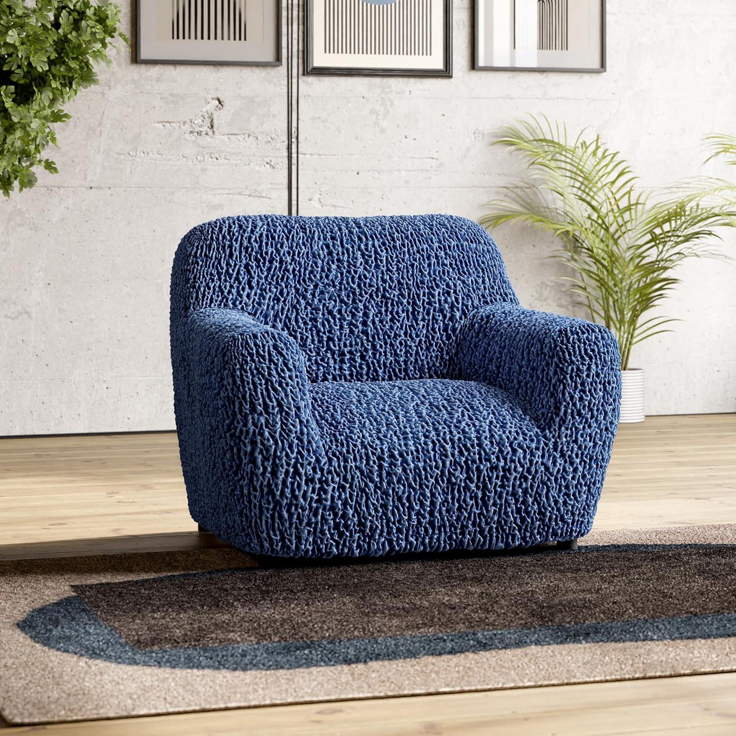 Blue Stretch Velvet Armchair Slipcover with Elastic Closure