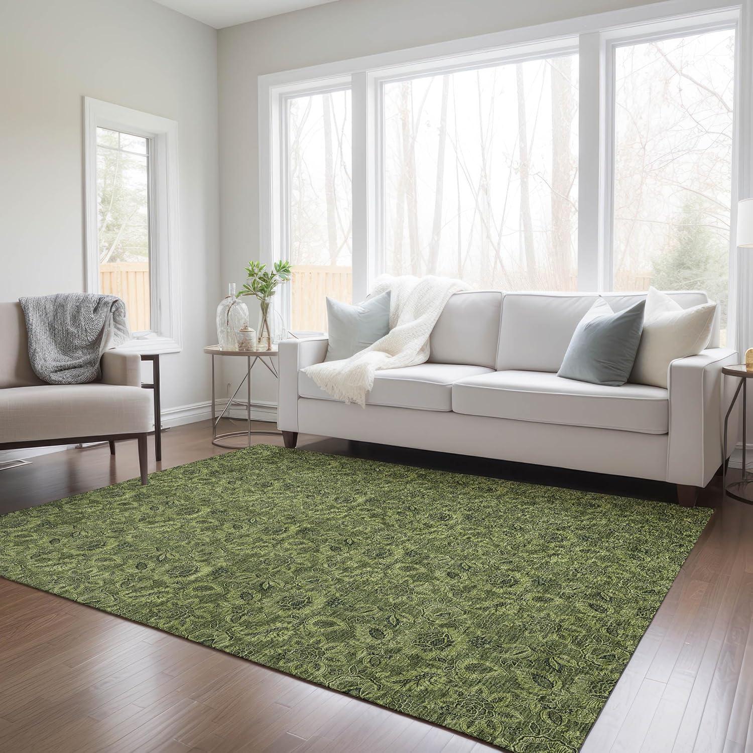 Olive Floral Machine-Washable Indoor/Outdoor Area Rug