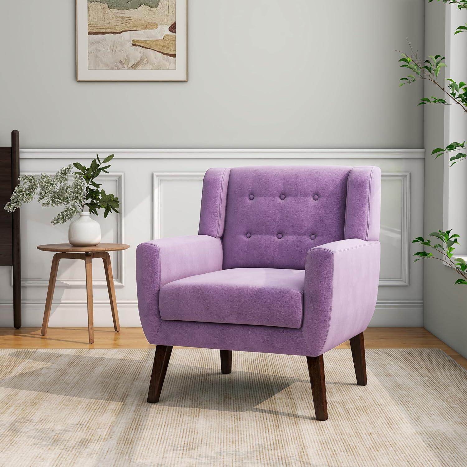 Mid-Century Modern Purple Velvet Accent Chair with Wood Legs