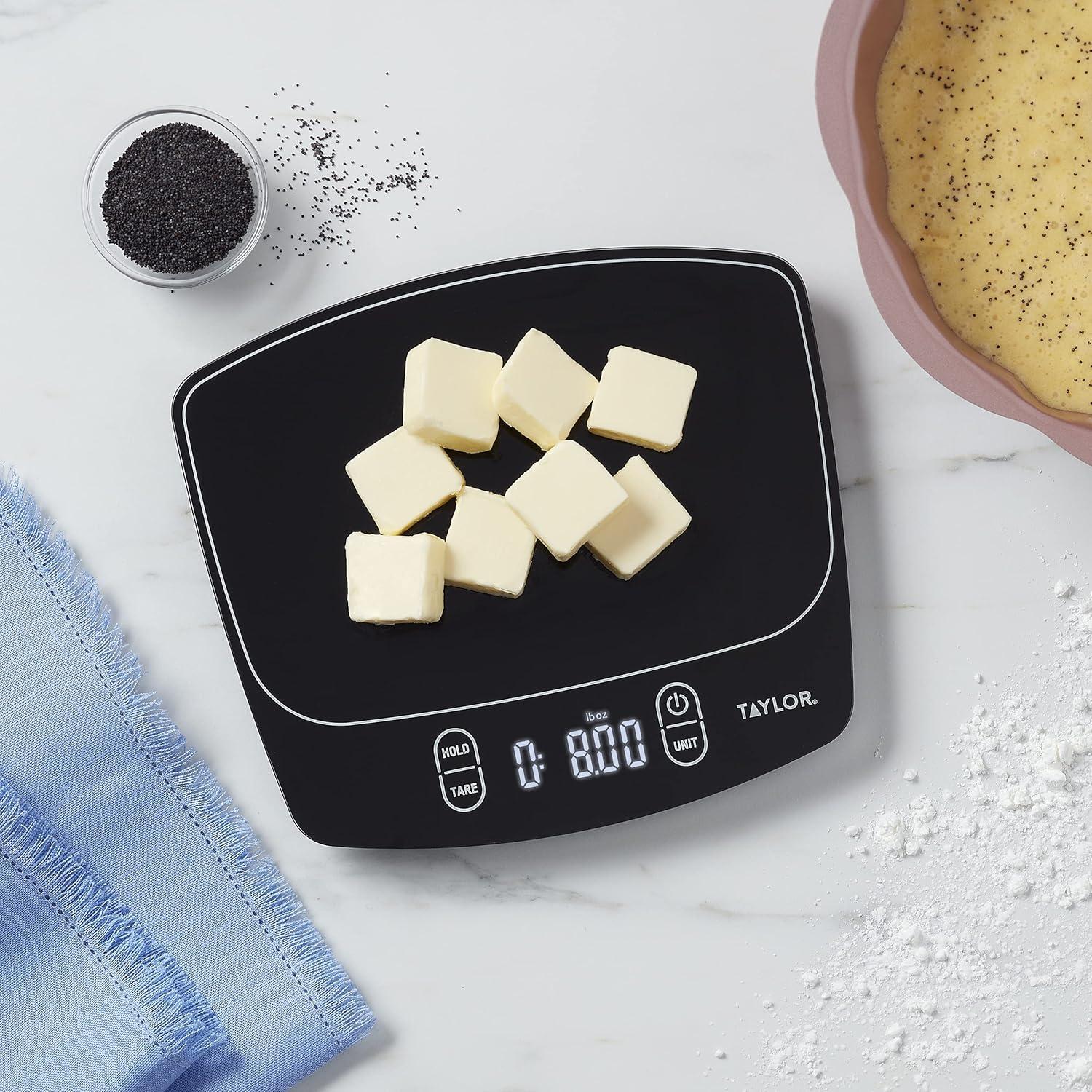 Taylor Waterproof Digital Kitchen 11 lb Food Scale Black: LCD Display, Battery Powered, Measures Grams & Ounces