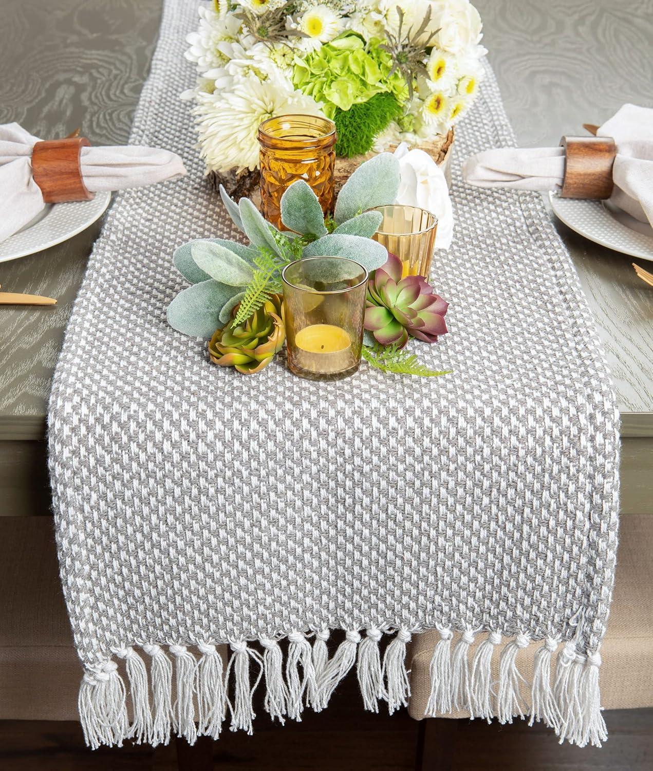 Design Imports  Woven Jacquard Fringe Table Runner, Gray, 15X72"