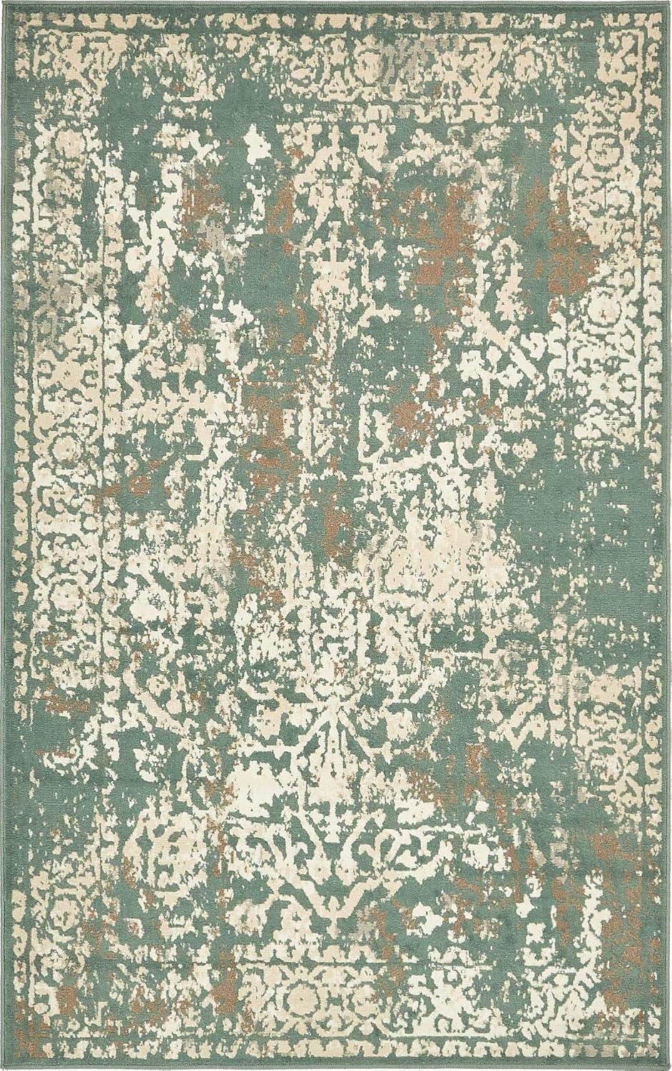 Green and Beige Rectangular Abstract Low Pile Area Rug