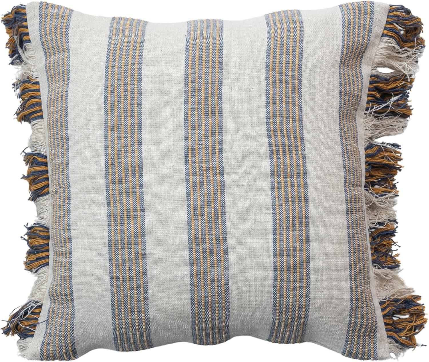 Gray and Yellow Striped Cotton Square Throw Pillow with Fringe