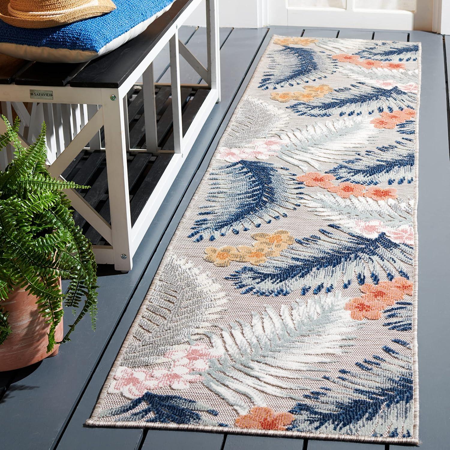 Gray and Navy Floral Synthetic Runner Rug