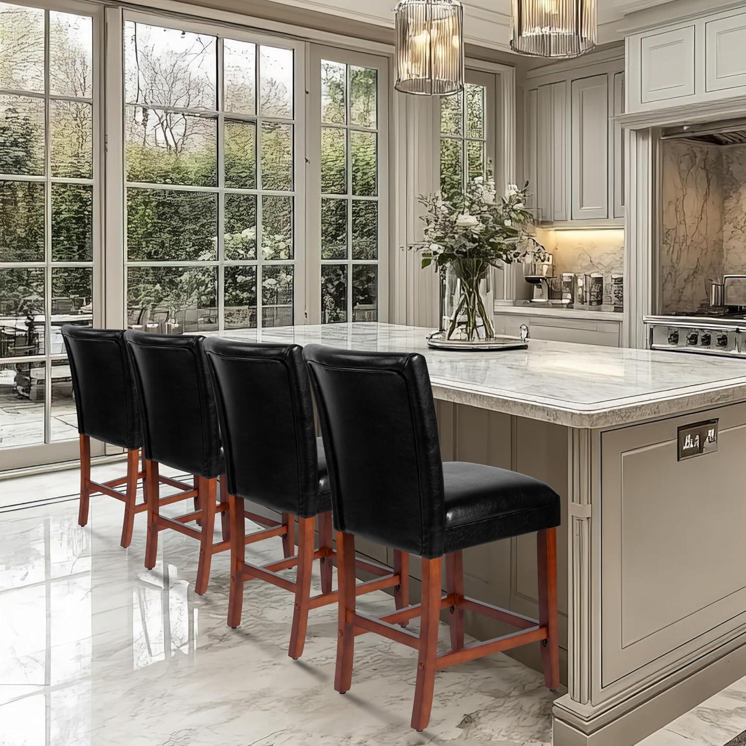 24" Faux Leather Luxury Counter Height Barstool Black - HomePop: Rubberwood Legs, Padded Back