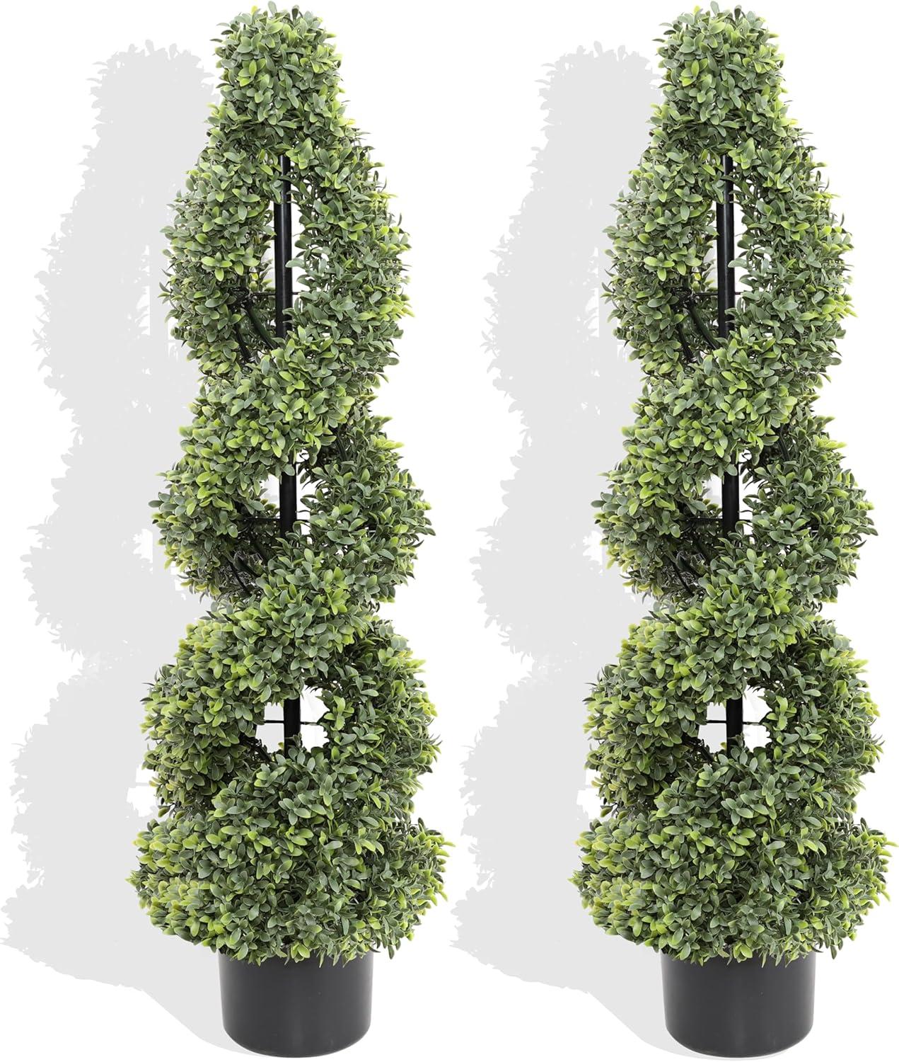 35 Inch Green Spiral Boxwood Topiary in Black Pot, Set of 2