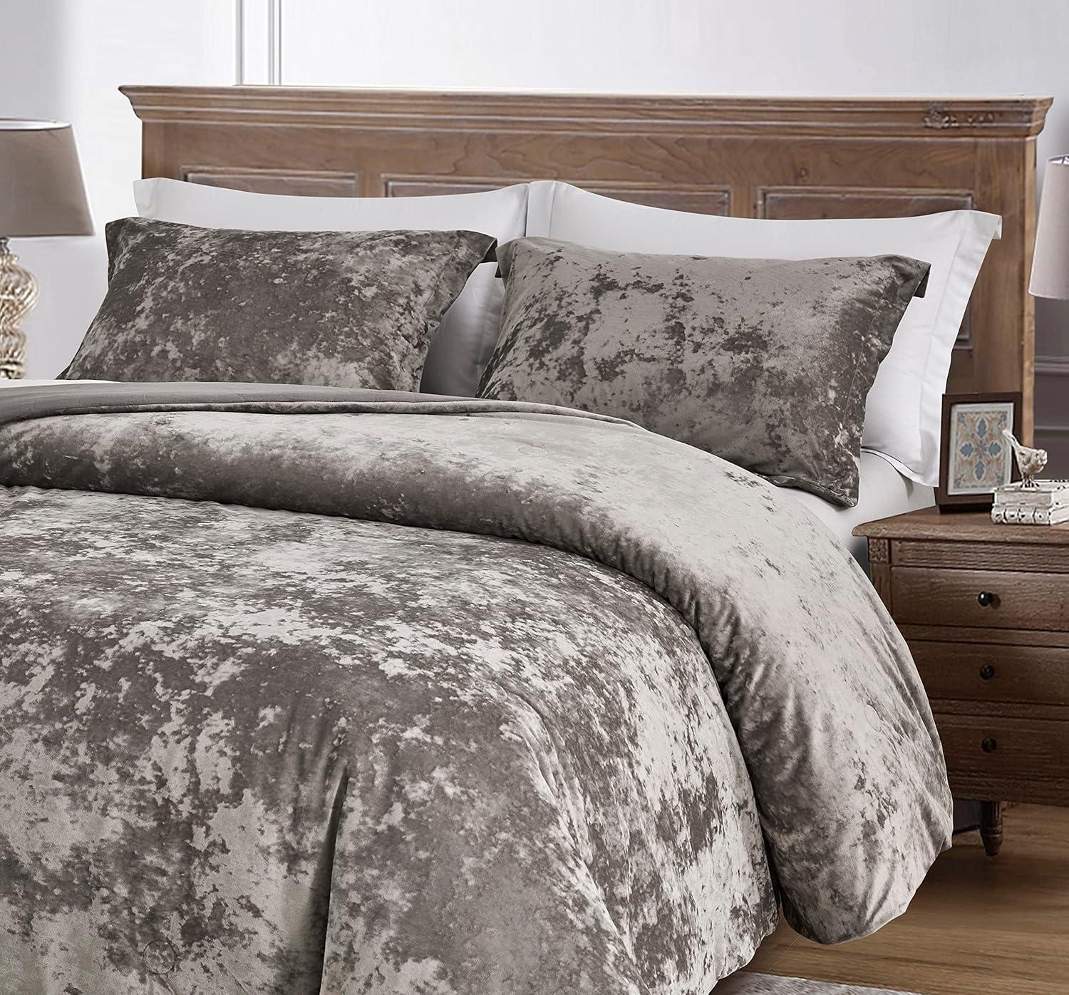 Chezmoi Collection Lux 3-Piece Pewter Gray Shimmer Velvet Bedding Set Full Size Lush Plush Velvet Comforter Set With Soft Brushed Microfiber Reverse