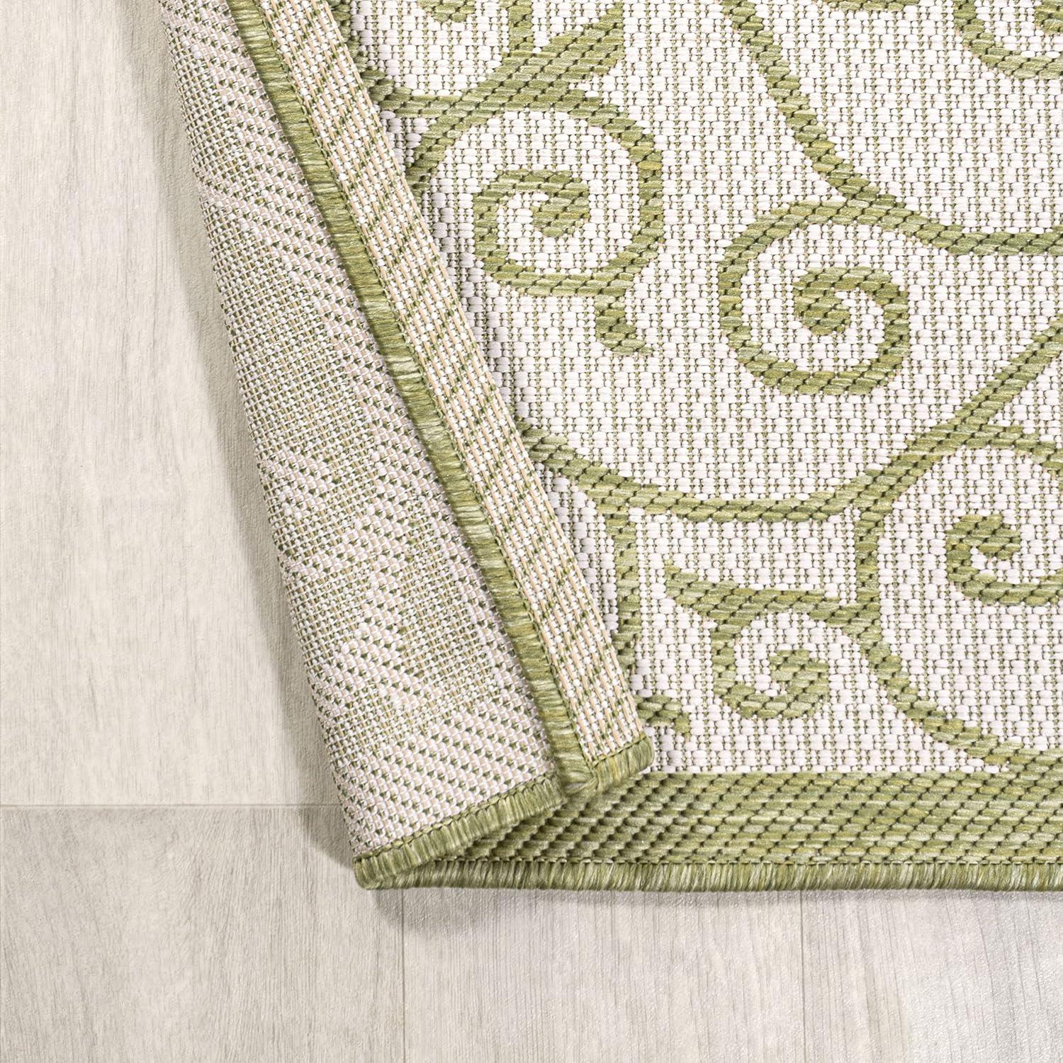 2' x 10' Madrid Vintage Filigree Textured Weave Indoor/Outdoor Runner Rug, Green/Cream - JONATHAN Y