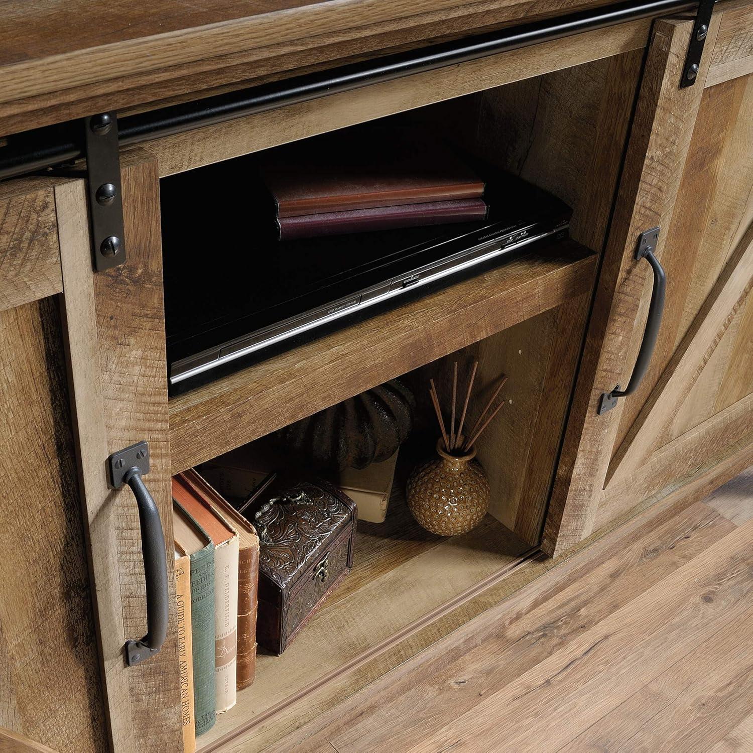 Dakota Pass TV Stand for TVs up to 70" Dark Brown - Sauder: Craftsman Oak Finish, Sliding Doors, Adjustable Storage