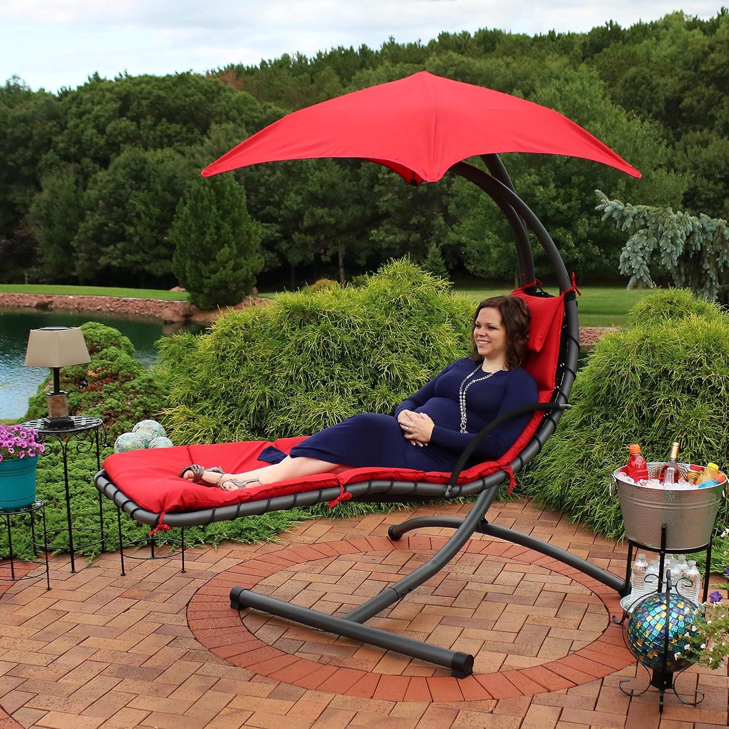 Sunnydaze Outdoor Hanging Chaise Floating Lounge Chair with Canopy Umbrella and Arc Stand, Burnt Orange