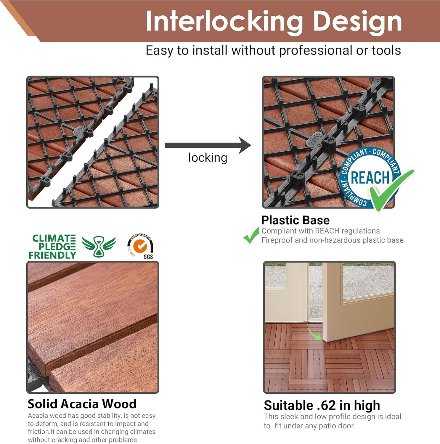PrimeZone 27 PCS Solid Acacia Wood Interlocking Patio Deck Tiles - 12" x 12" Indoor Outdoor Waterproof Flooring Tiles for Balcony, Backyard, Garden & Poolside, All Weather Use, Brown