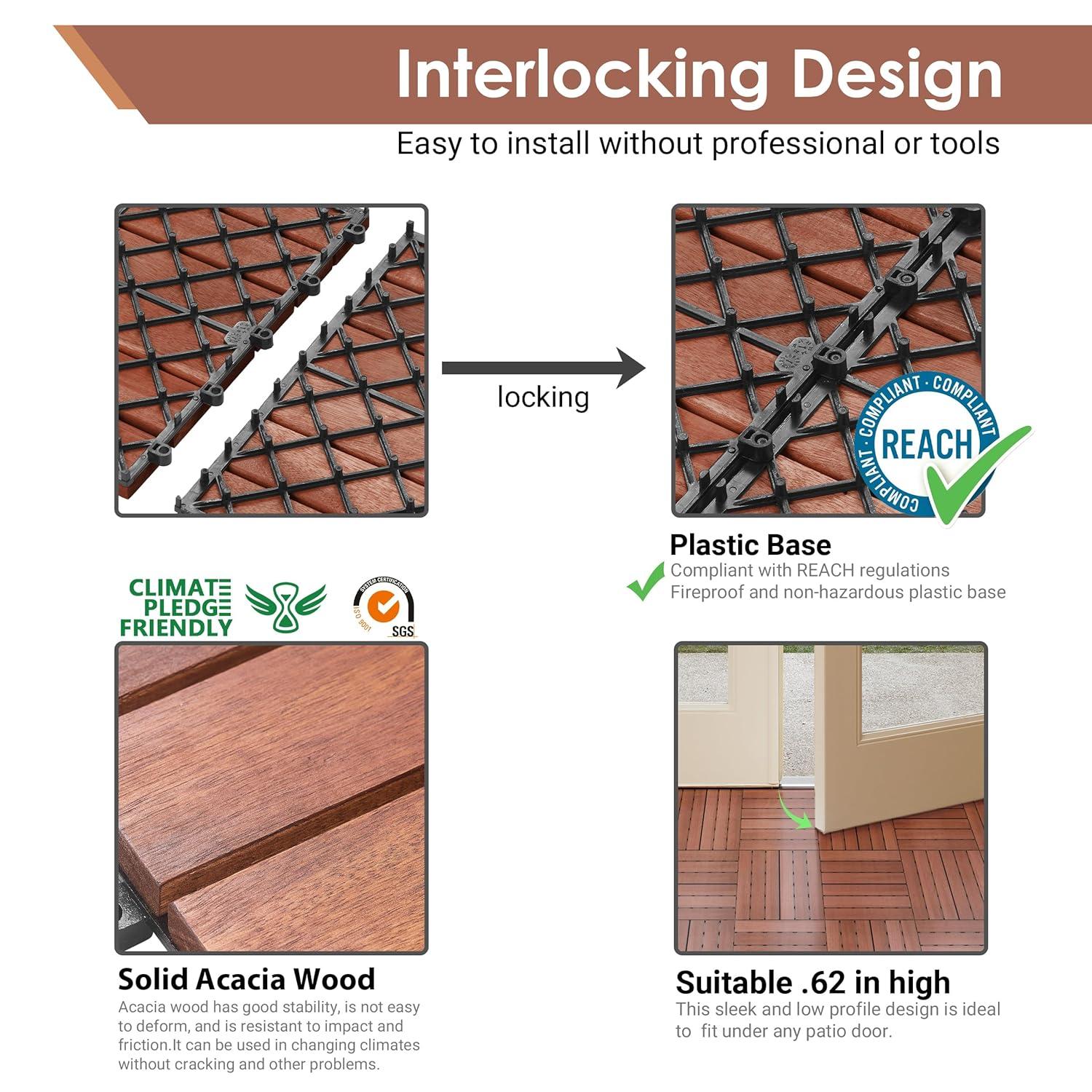 PrimeZone 27 PCS Solid Acacia Wood Interlocking Patio Deck Tiles - 12" x 12" Indoor Outdoor Waterproof Flooring Tiles for Balcony, Backyard, Garden & Poolside, All Weather Use, Brown