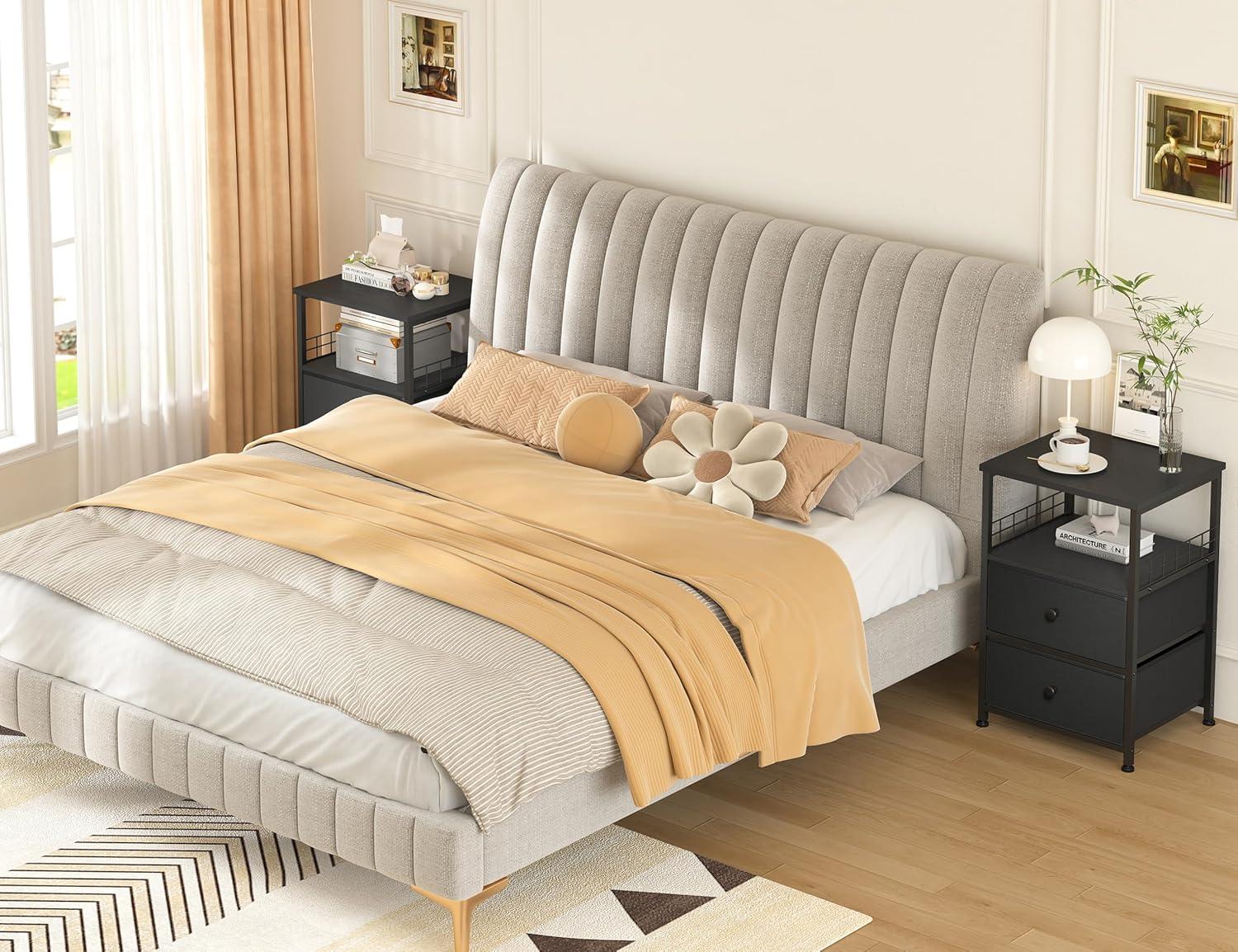Black and Gray Metal Frame Nightstands with Fabric Drawers